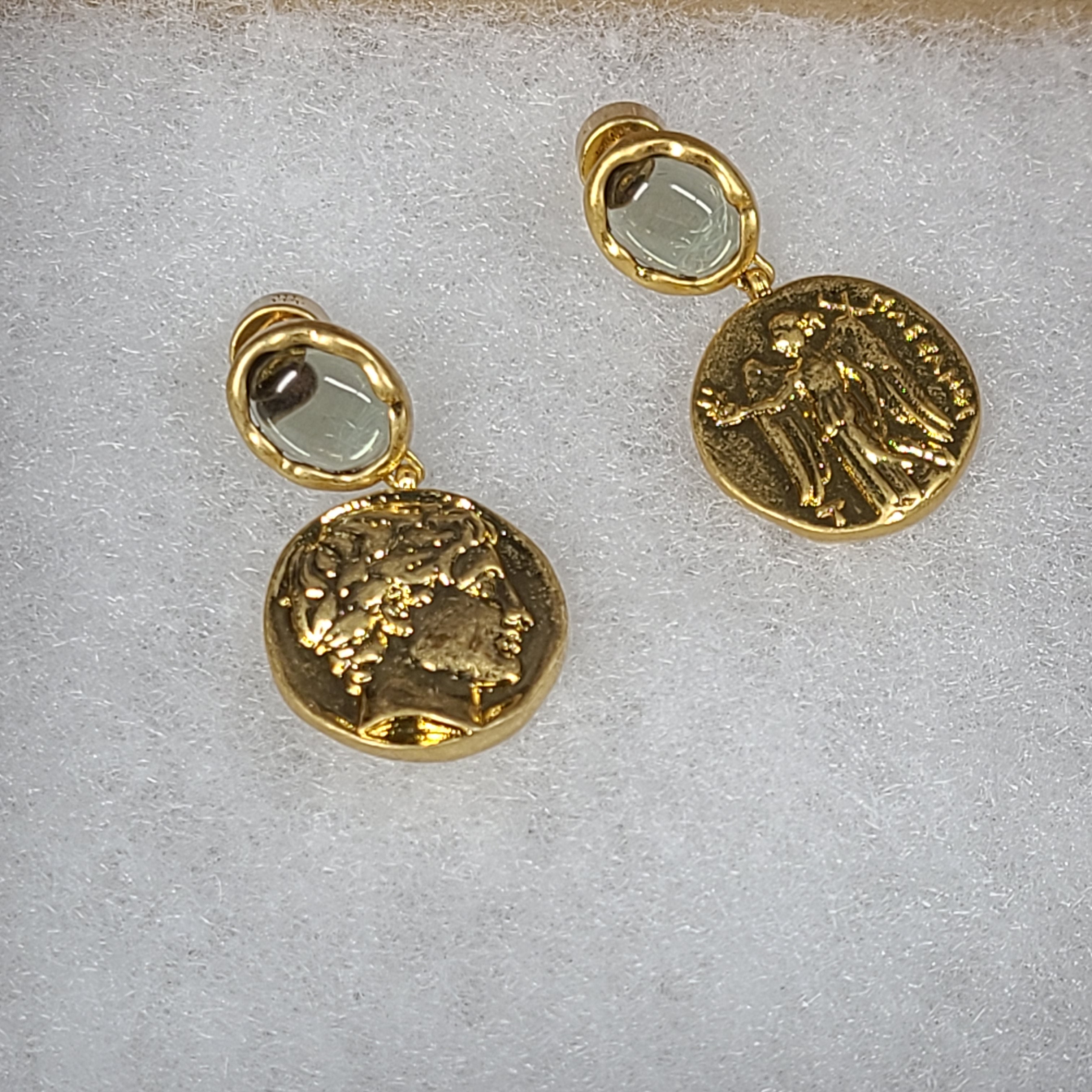 Gold coin-style drop earrings with a Greek Early Hellenistic stater-inspired design and polished finish.