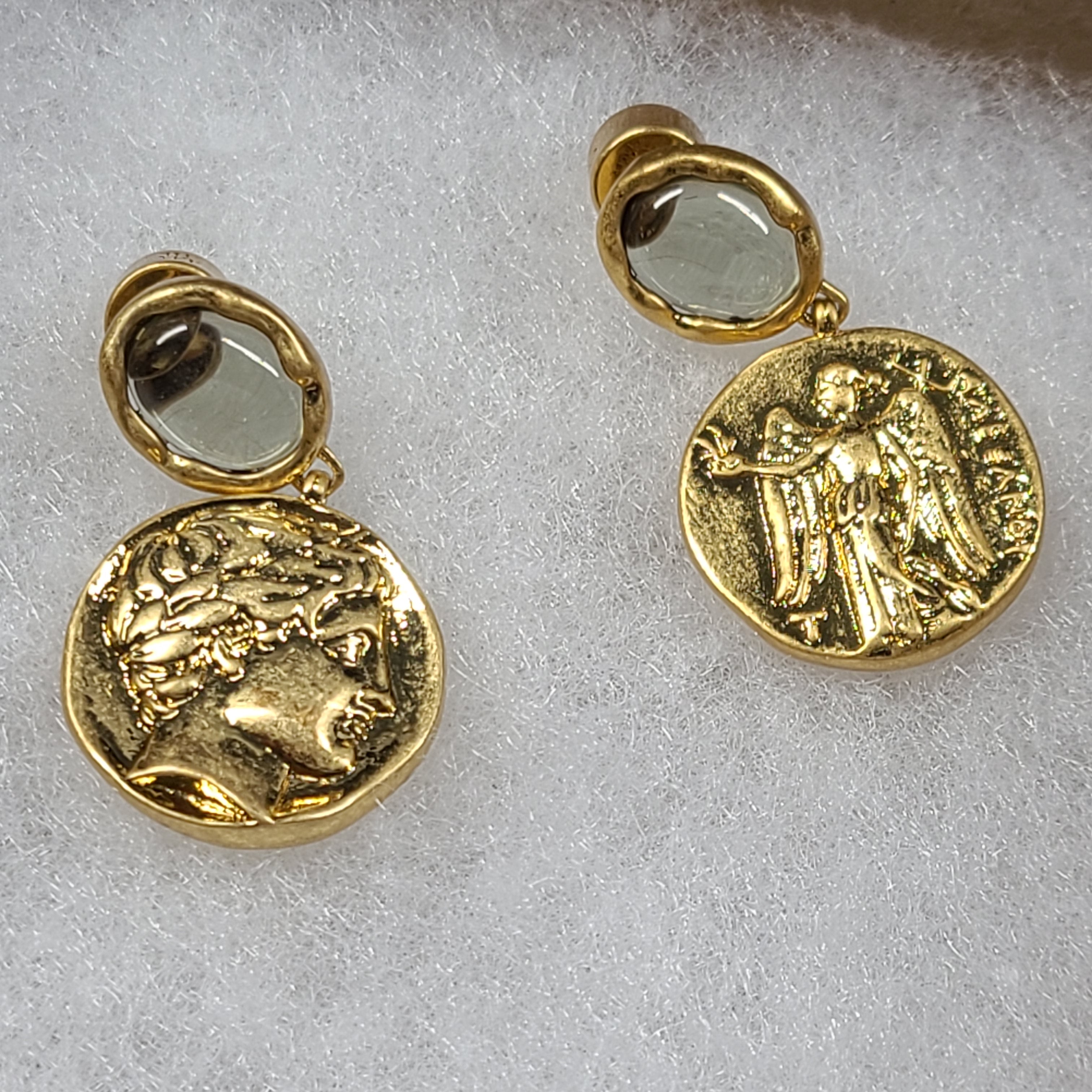 Gold coin-style drop earrings with a Greek Early Hellenistic stater-inspired design and polished finish.