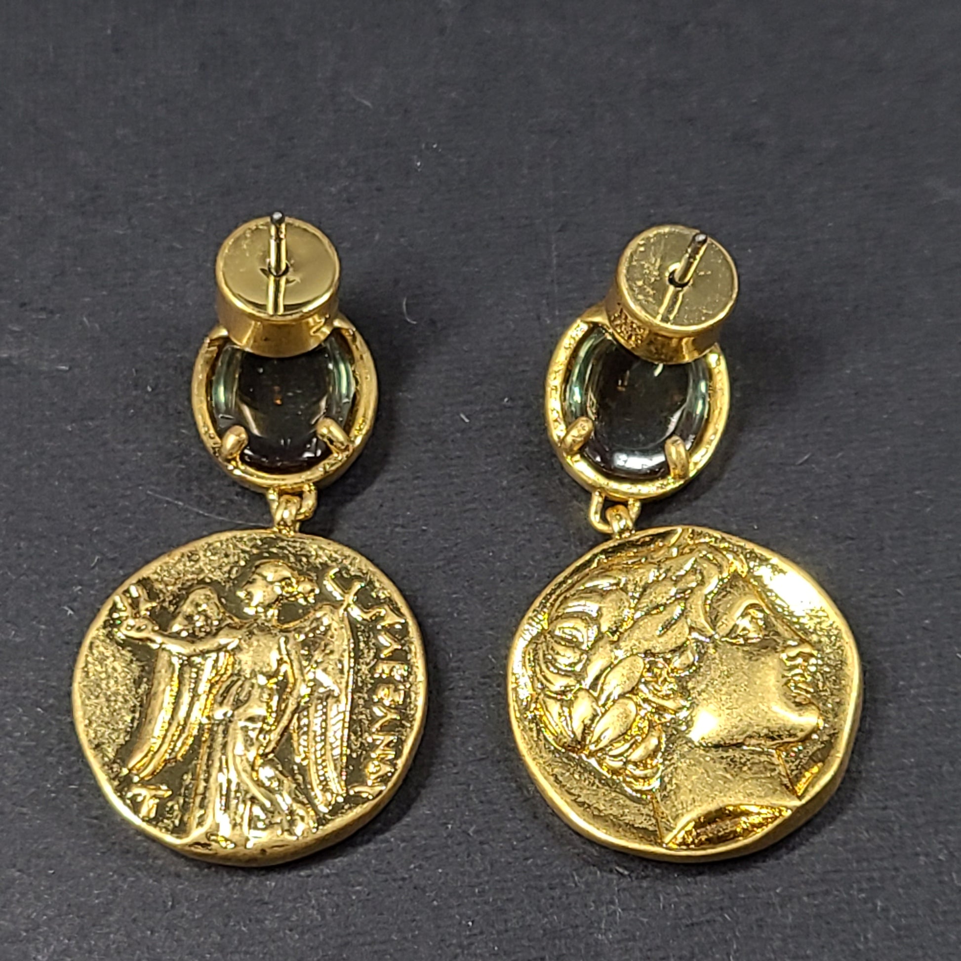 Gold coin-style drop earrings with a Greek Early Hellenistic stater-inspired design and polished finish.