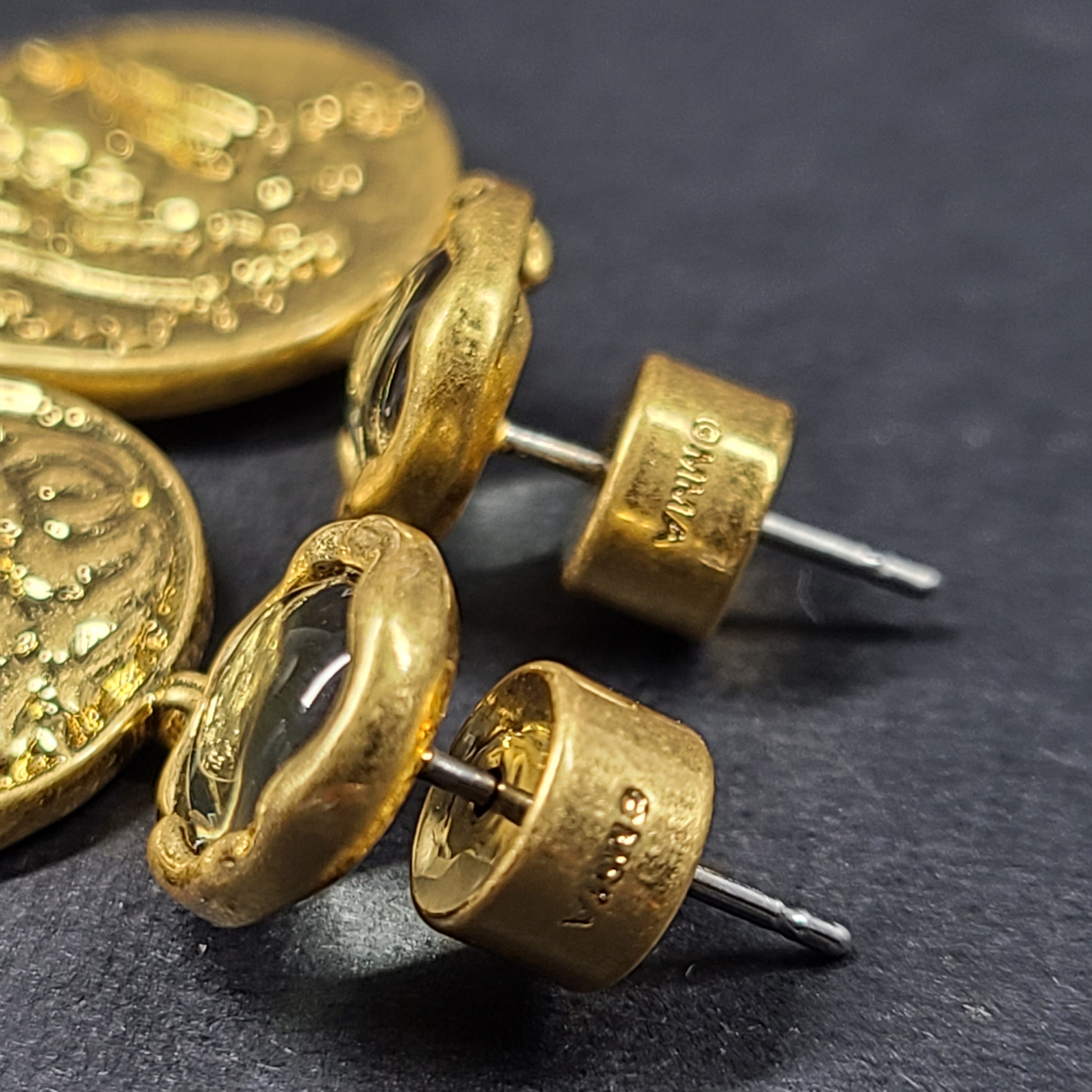 Gold coin-style drop earrings with a Greek Early Hellenistic stater-inspired design and polished finish.