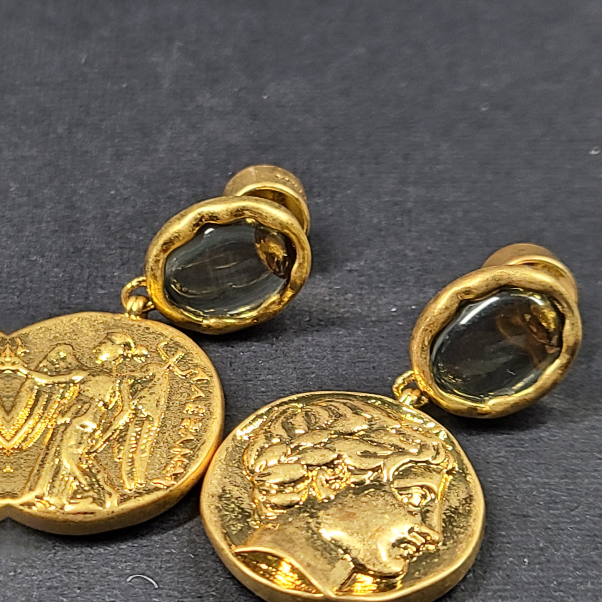 Gold coin-style drop earrings with a Greek Early Hellenistic stater-inspired design and polished finish.