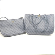 Grey GUESS monogram tote with gold-tone hardware and a matching pouch for organized everyday carry.