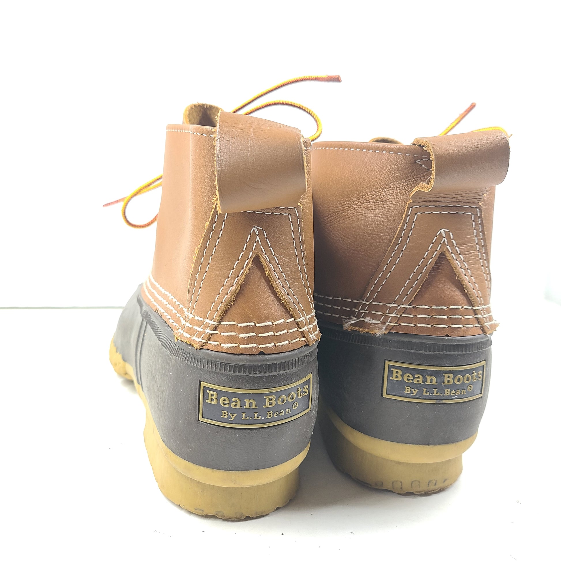 Classic L.L. Bean brown and tan leather boots that offer durable outdoor traction and timeless style.