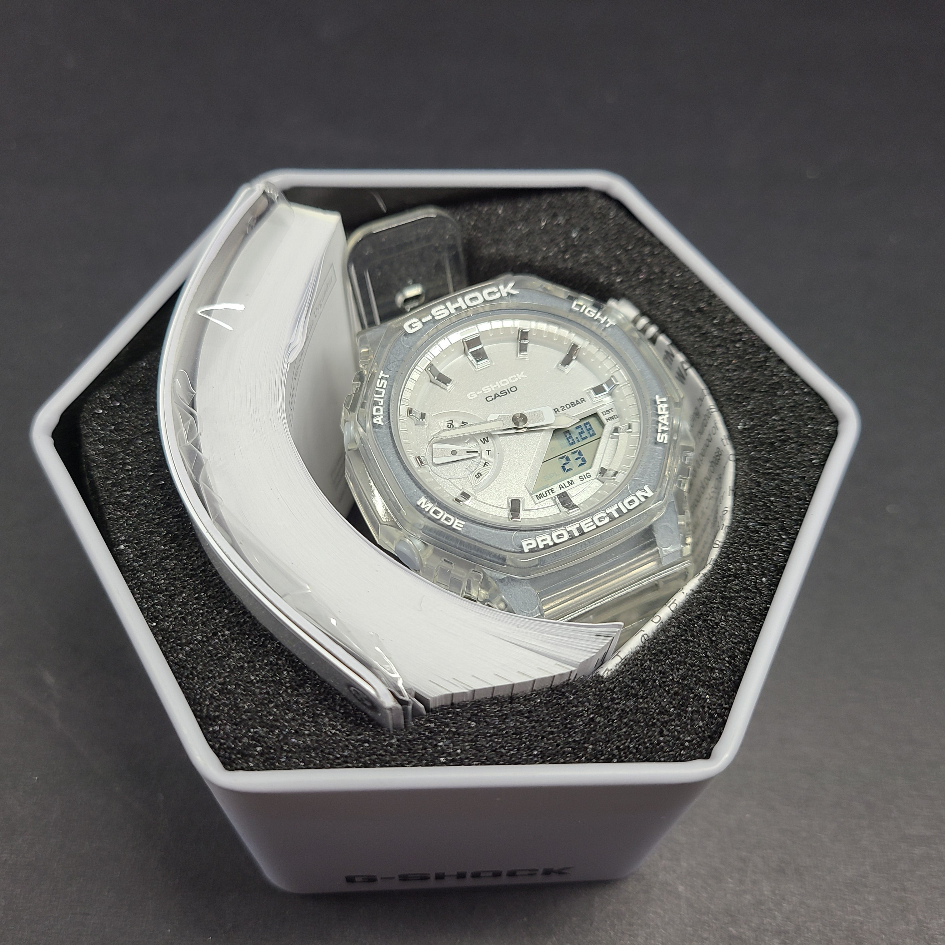 Casio G-Shock GA-2100SK features an octagonal bezel, carbon core guard case, and transparent silver finish.