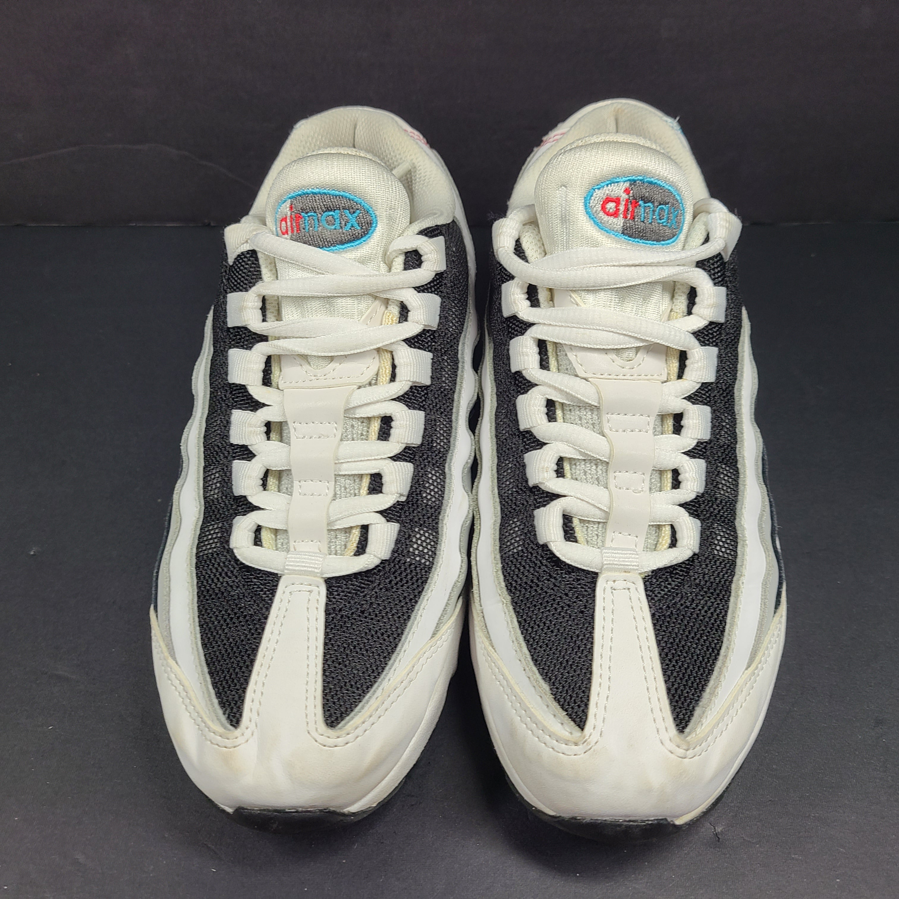 Nike Air Max 95 Recraft in white, black and teal with red accents, youth size US 4.5Y.
