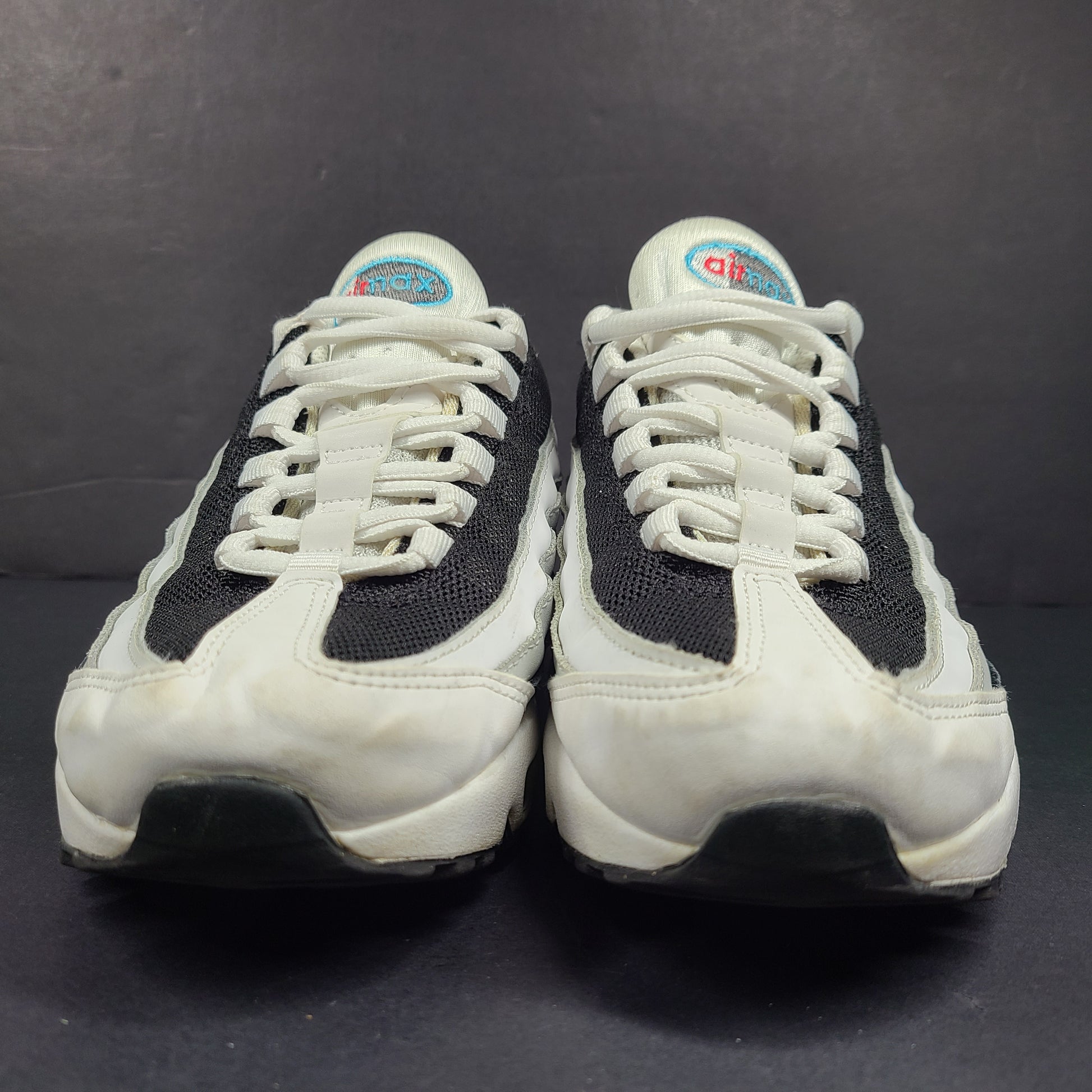 Nike Air Max 95 Recraft in white, black and teal with red accents, youth size US 4.5Y.