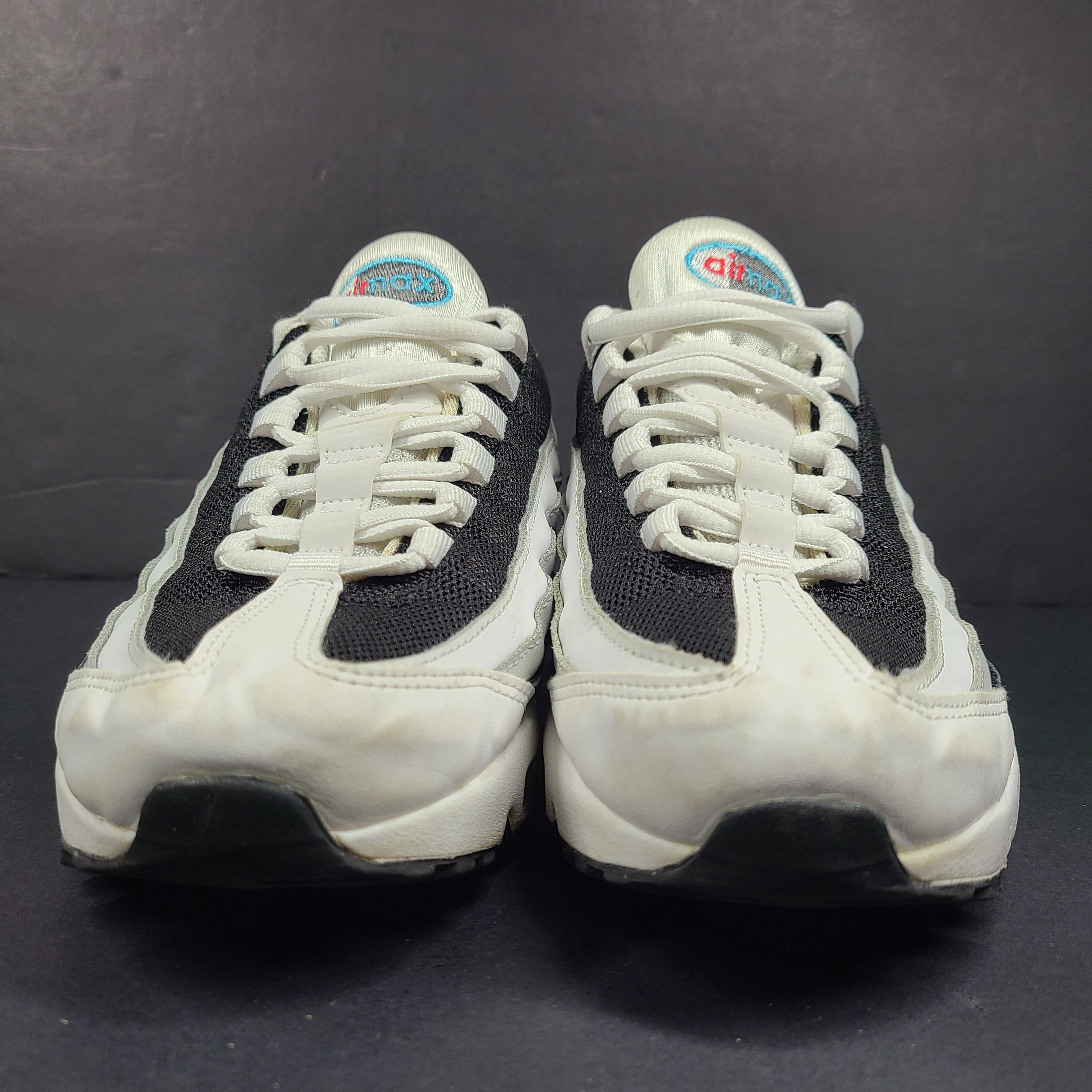 Nike Air Max 95 Recraft in white, black and teal with red accents, youth size US 4.5Y.