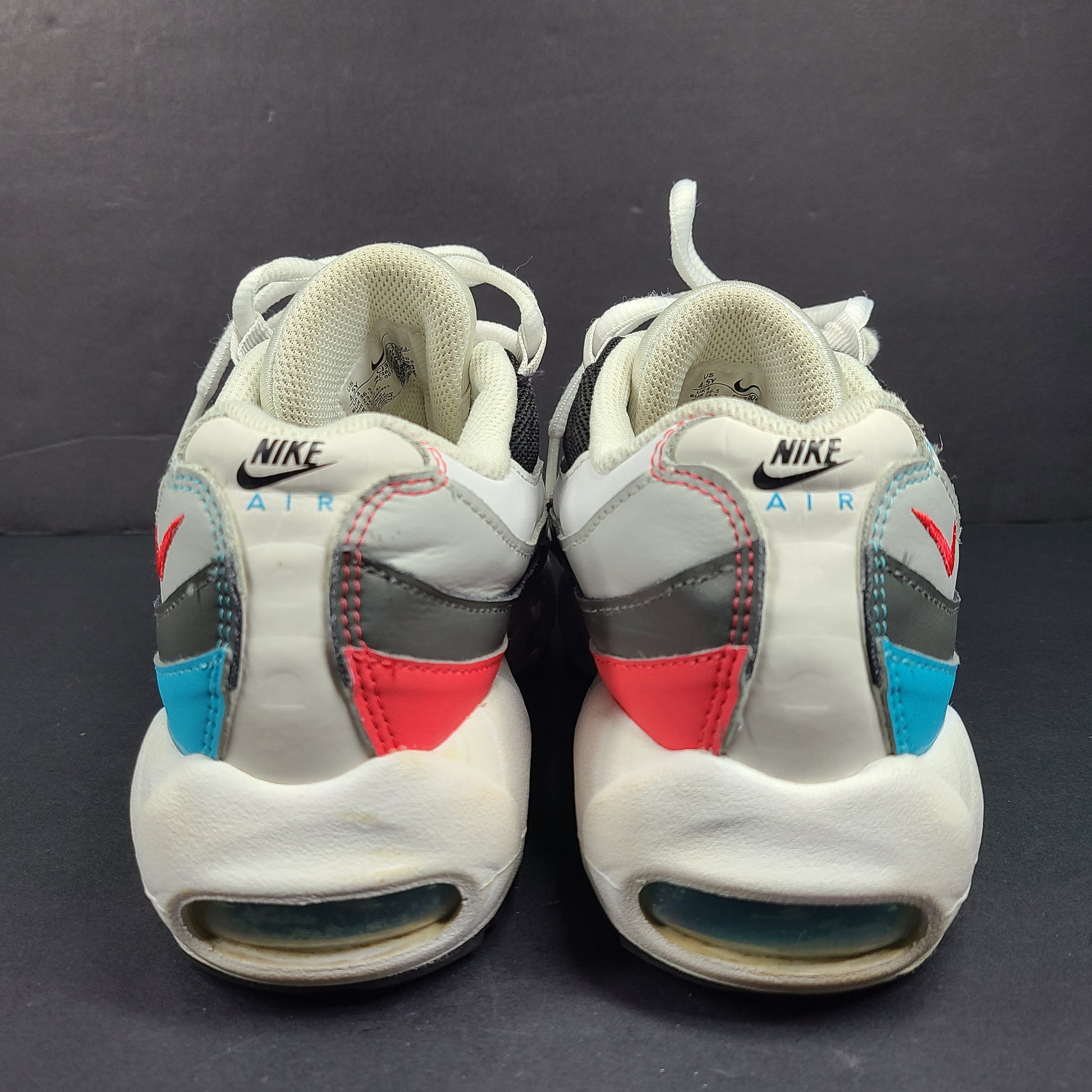 Nike Air Max 95 Recraft in white, black and teal with red accents, youth size US 4.5Y.