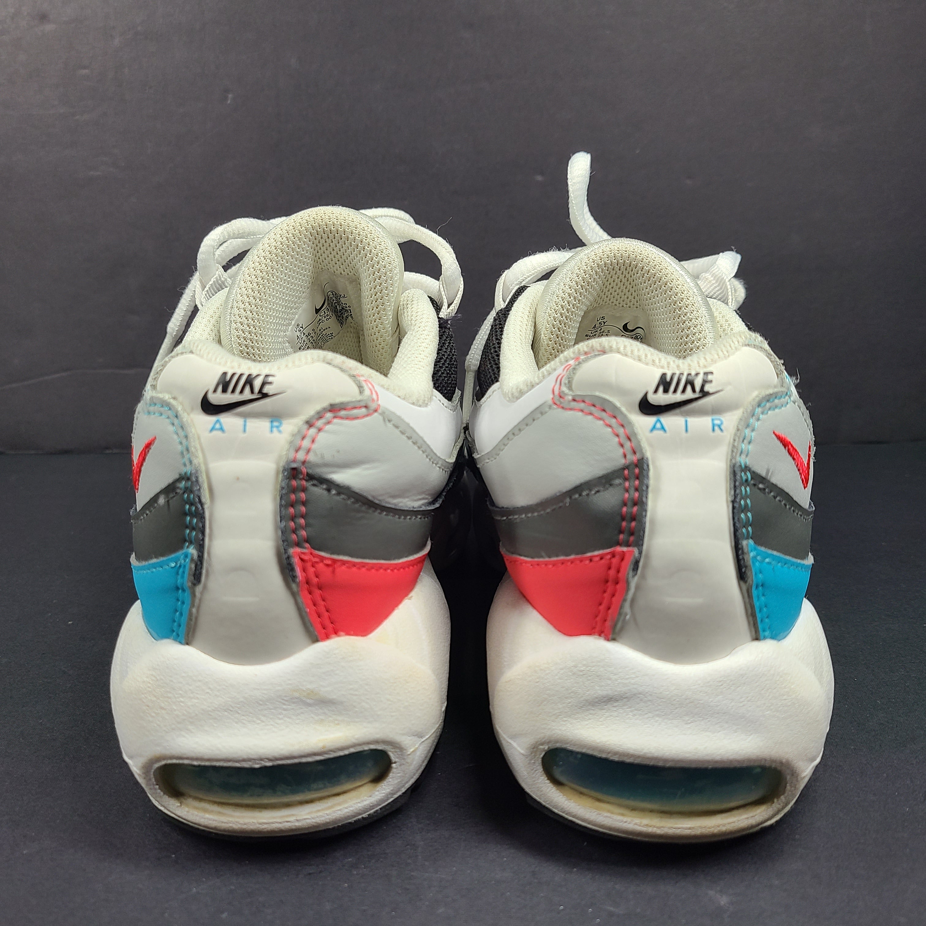 Nike Air Max 95 Recraft in white, black and teal with red accents, youth size US 4.5Y.