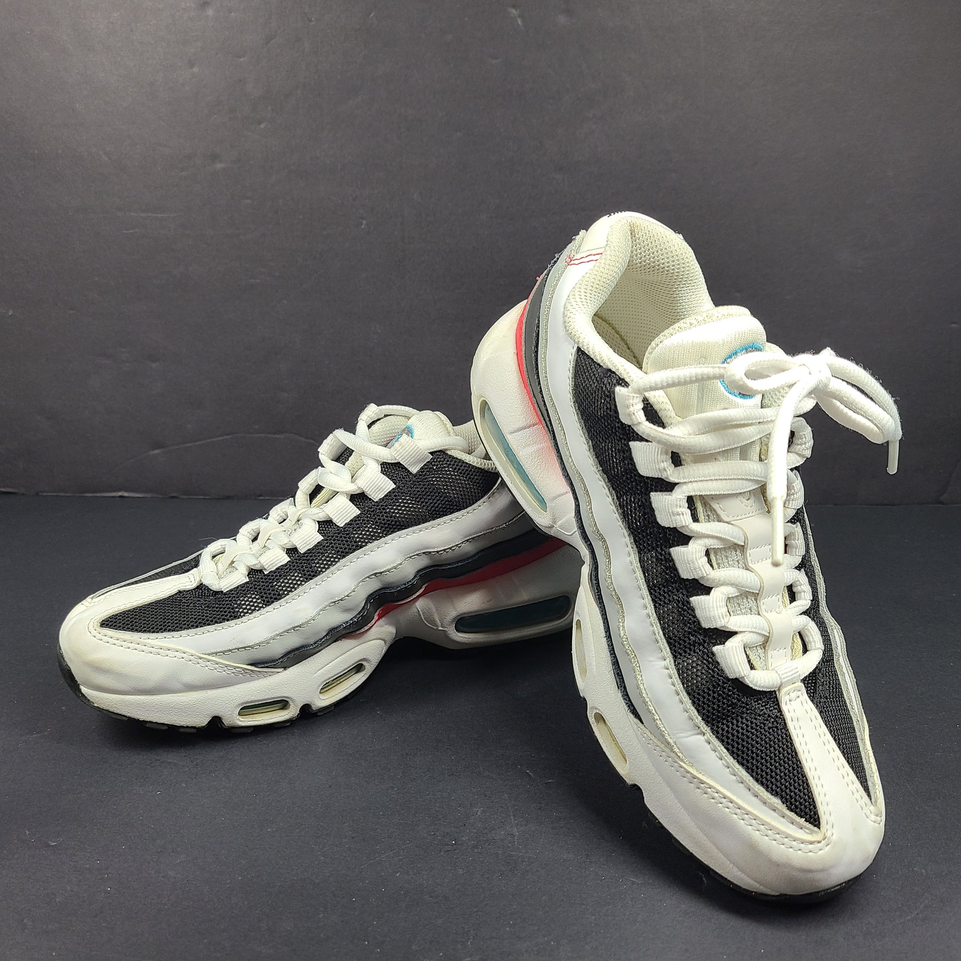 Nike Air Max 95 Recraft in white, black and teal with red accents, youth size US 4.5Y.