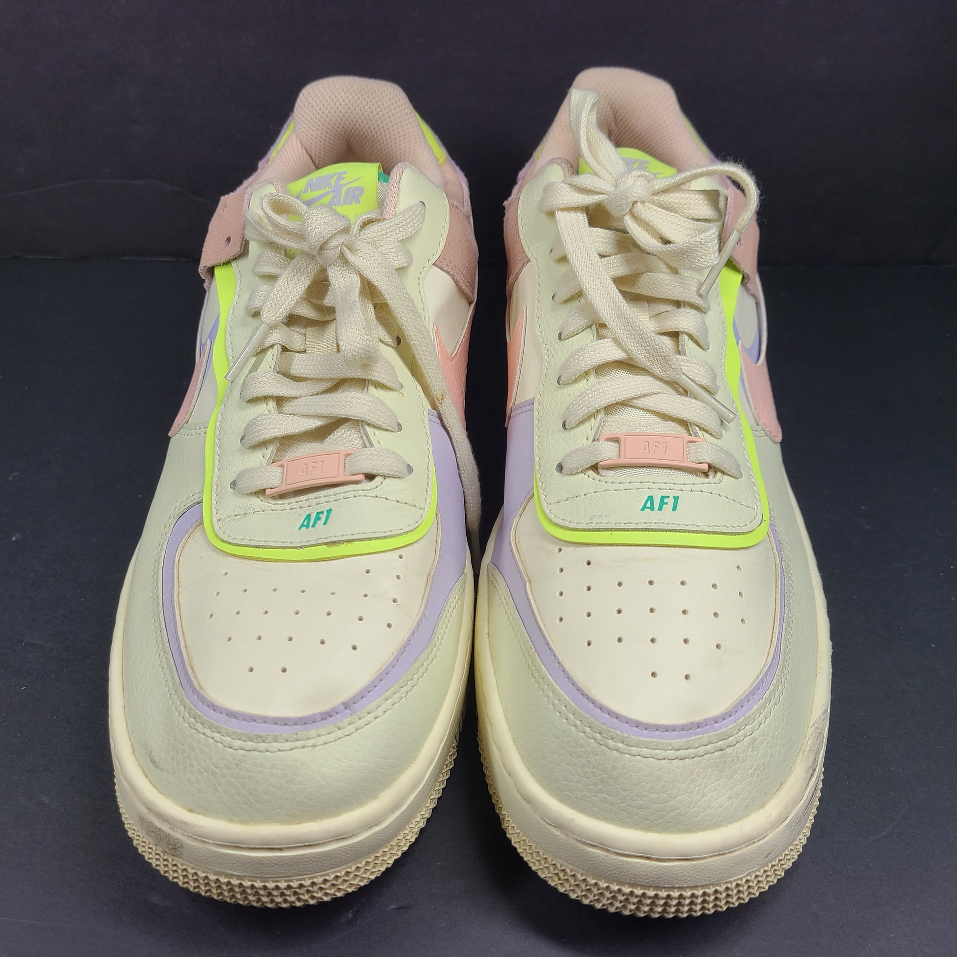 Nike Air Force 1 Low multicolor sneakers in beige, pink, purple and neon green, size US 12.