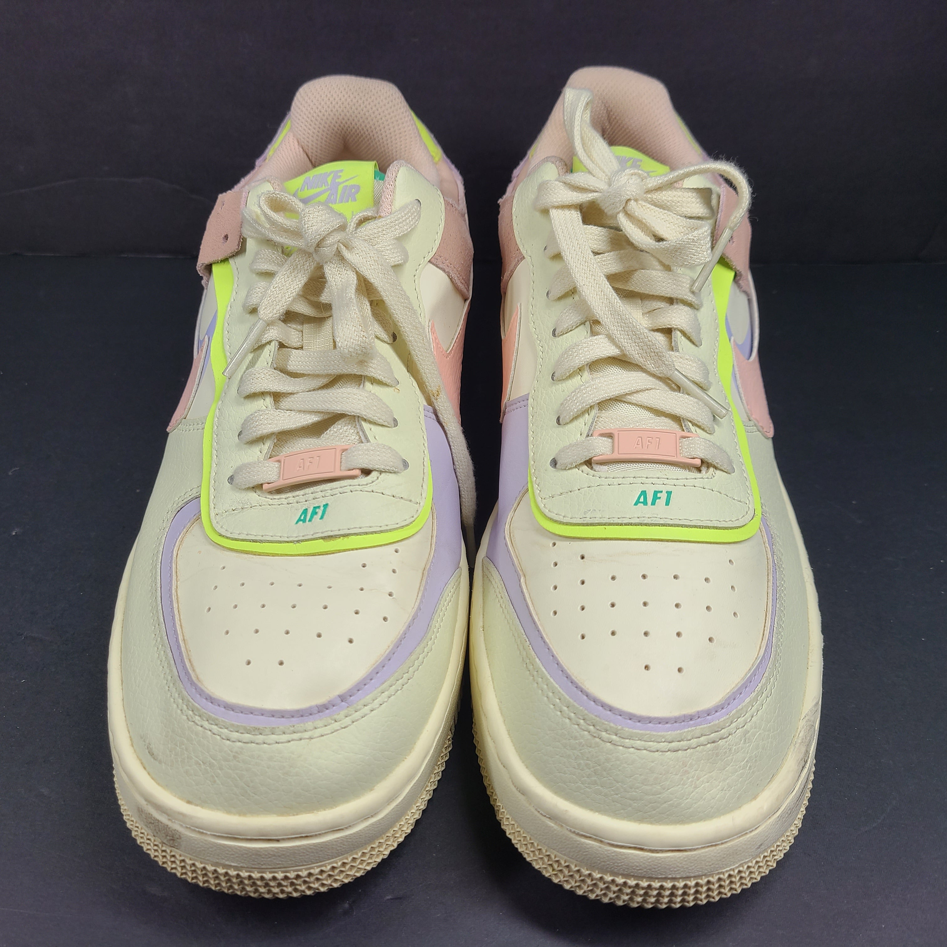 Nike Air Force 1 Low multicolor sneakers in beige, pink, purple and neon green, size US 12.