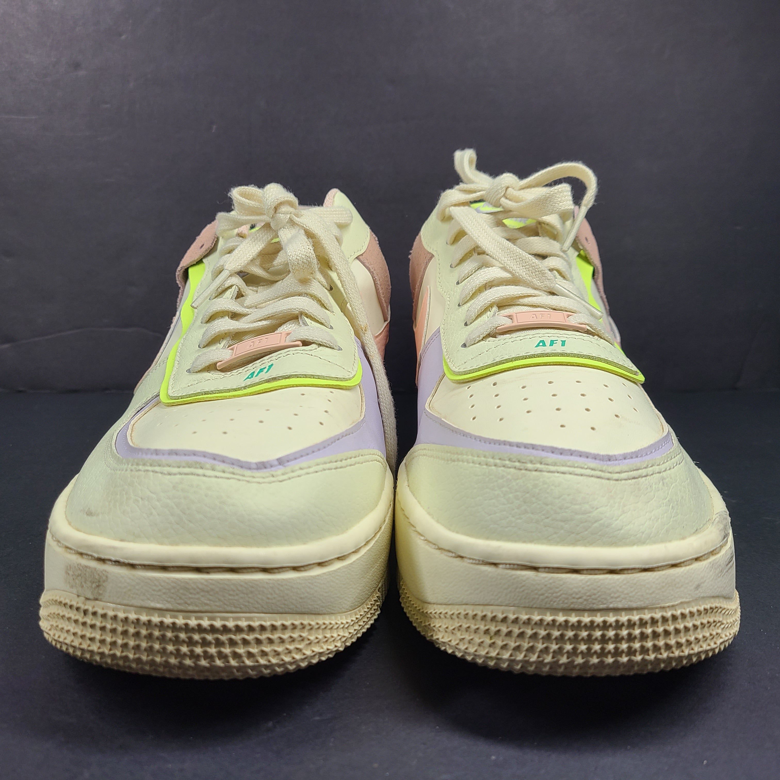 Nike Air Force 1 Low multicolor sneakers in beige, pink, purple and neon green, size US 12.