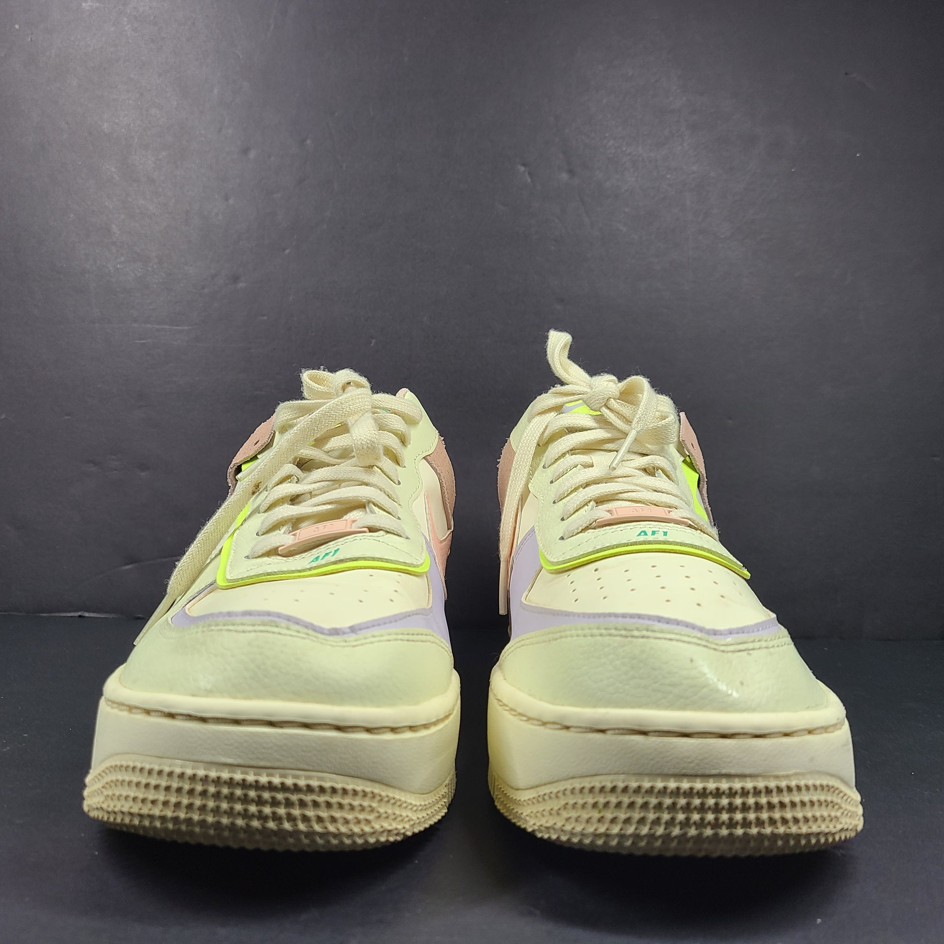 Nike Air Force 1 Low multicolor sneakers in beige, pink, purple and neon green, size US 12.