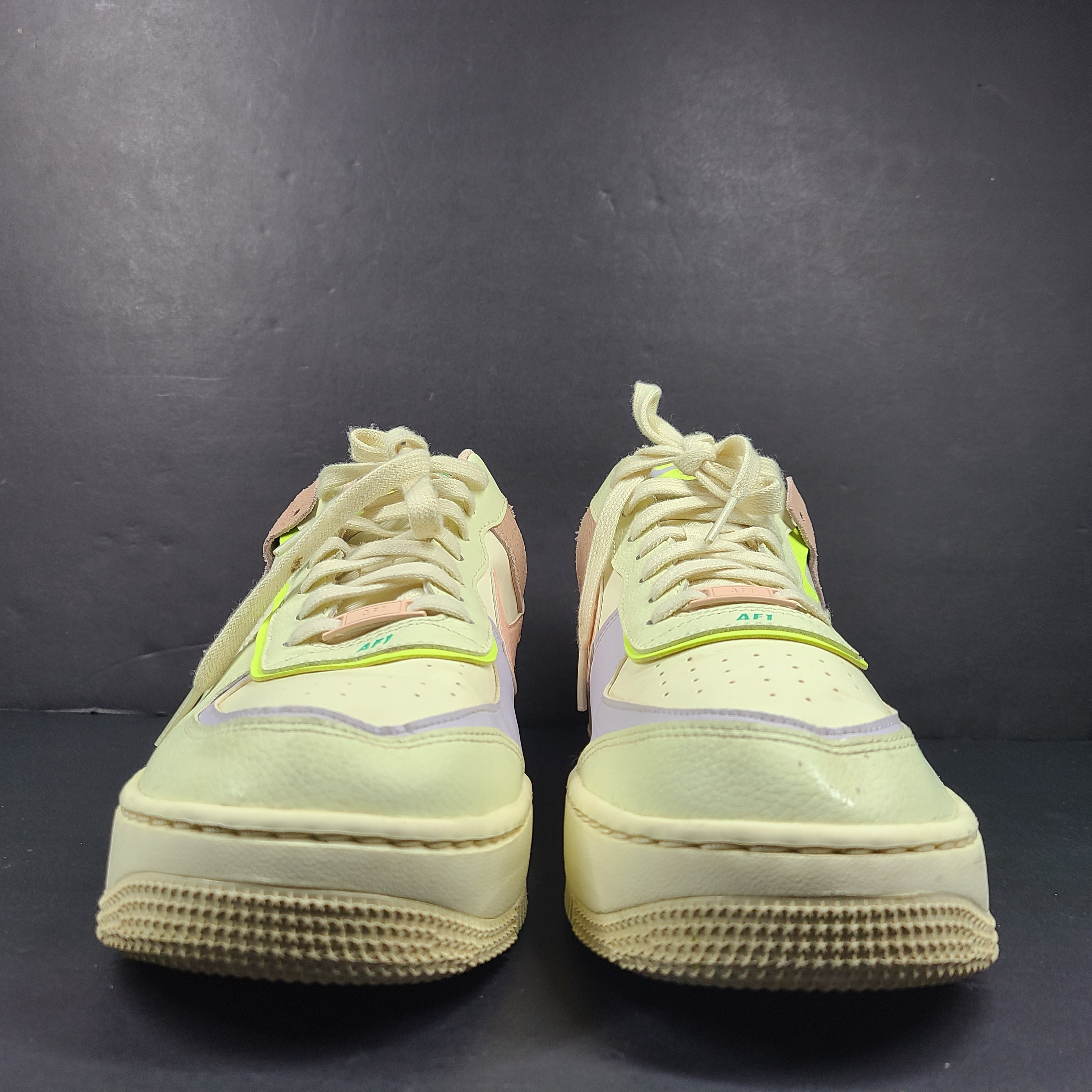 Nike Air Force 1 Low multicolor sneakers in beige, pink, purple and neon green, size US 12.