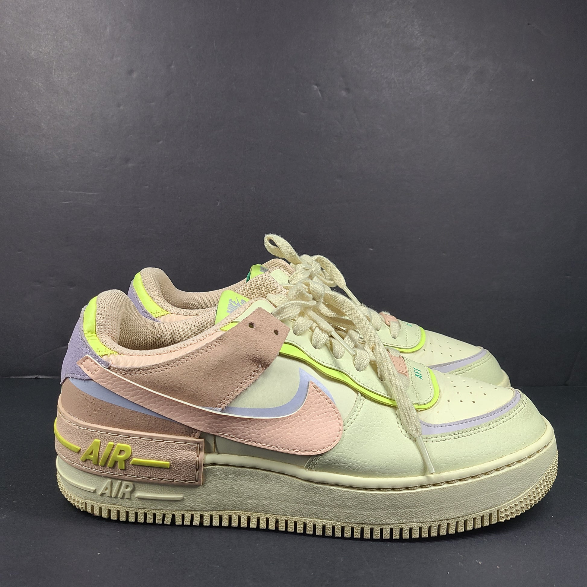 Nike Air Force 1 Low multicolor sneakers in beige, pink, purple and neon green, size US 12.