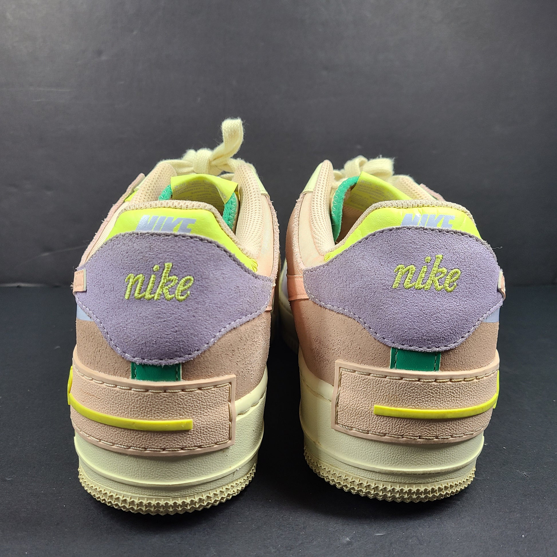 Nike Air Force 1 Low multicolor sneakers in beige, pink, purple and neon green, size US 12.