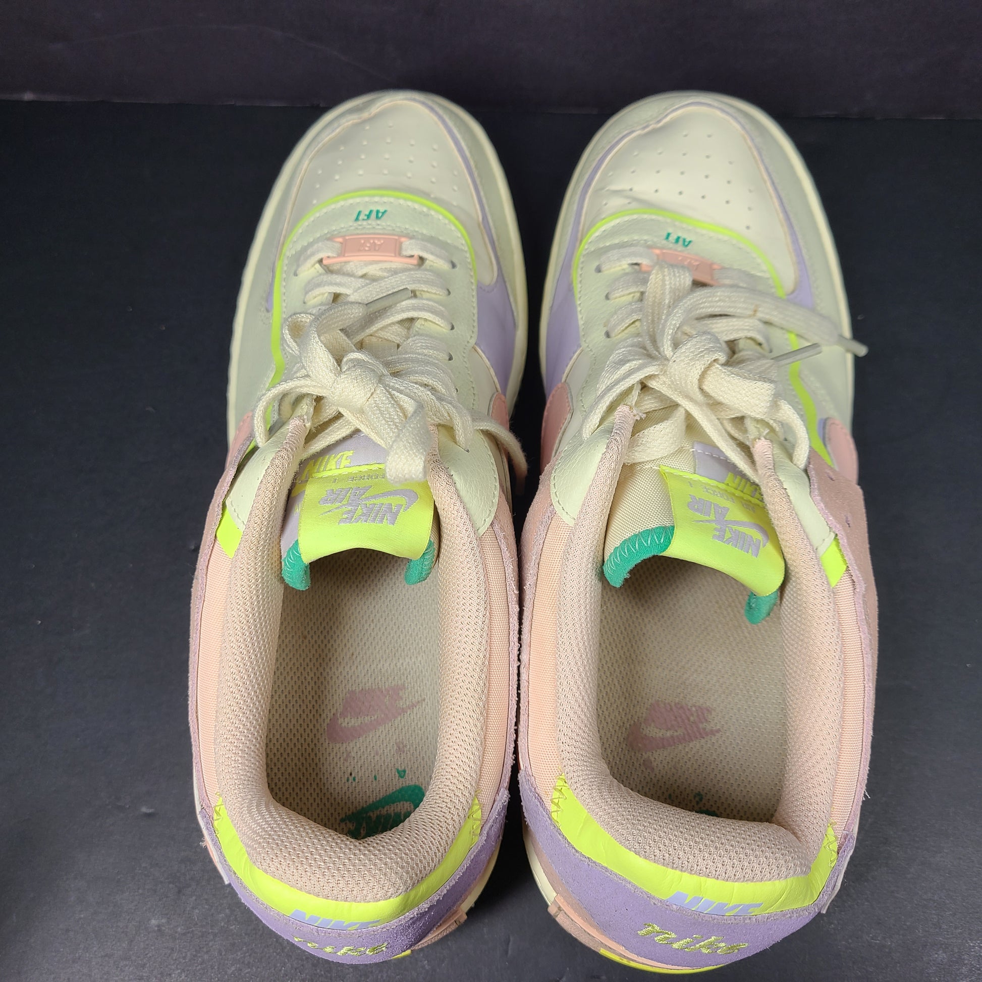 Nike Air Force 1 Low multicolor sneakers in beige, pink, purple and neon green, size US 12.