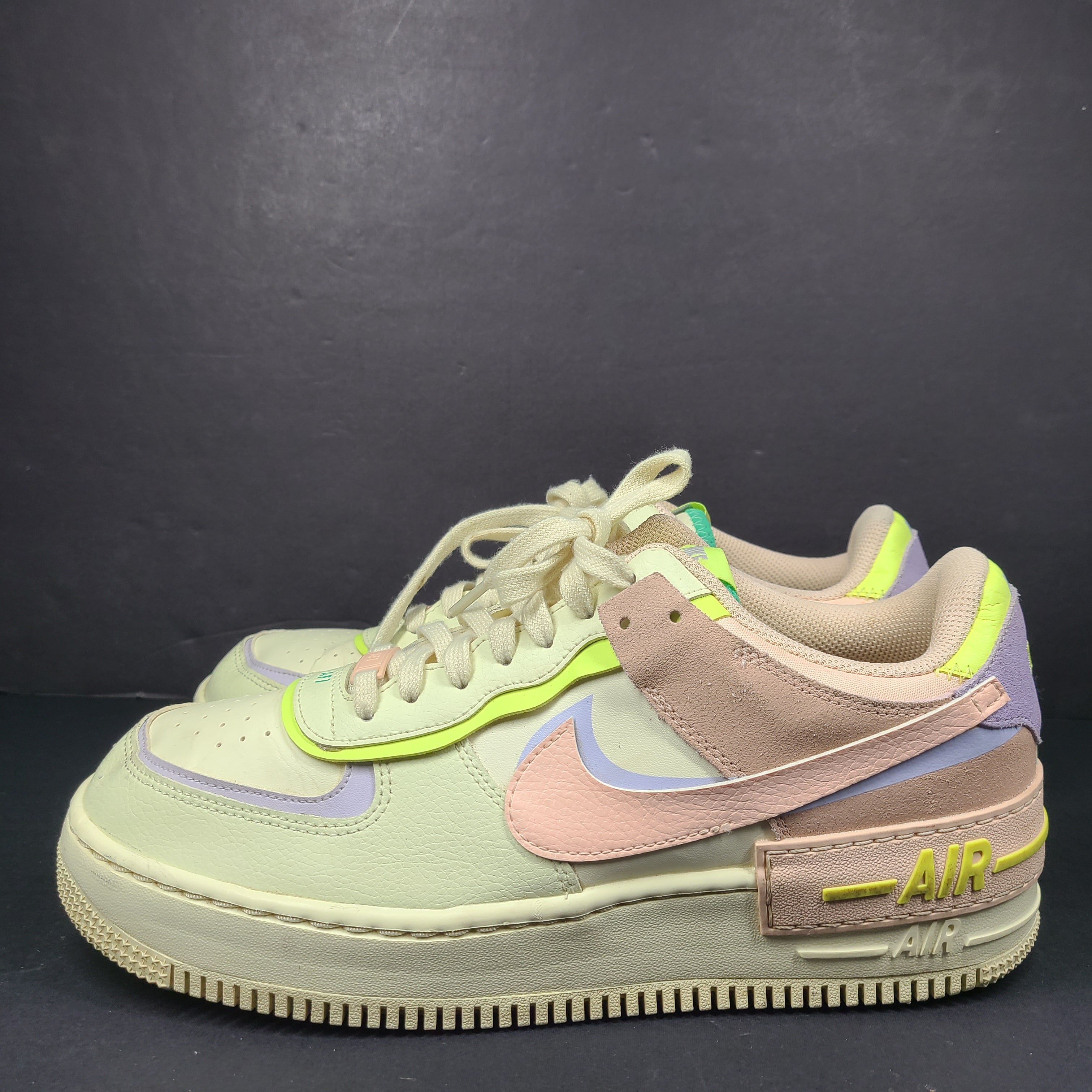 Nike Air Force 1 Low multicolor sneakers in beige, pink, purple and neon green, size US 12.