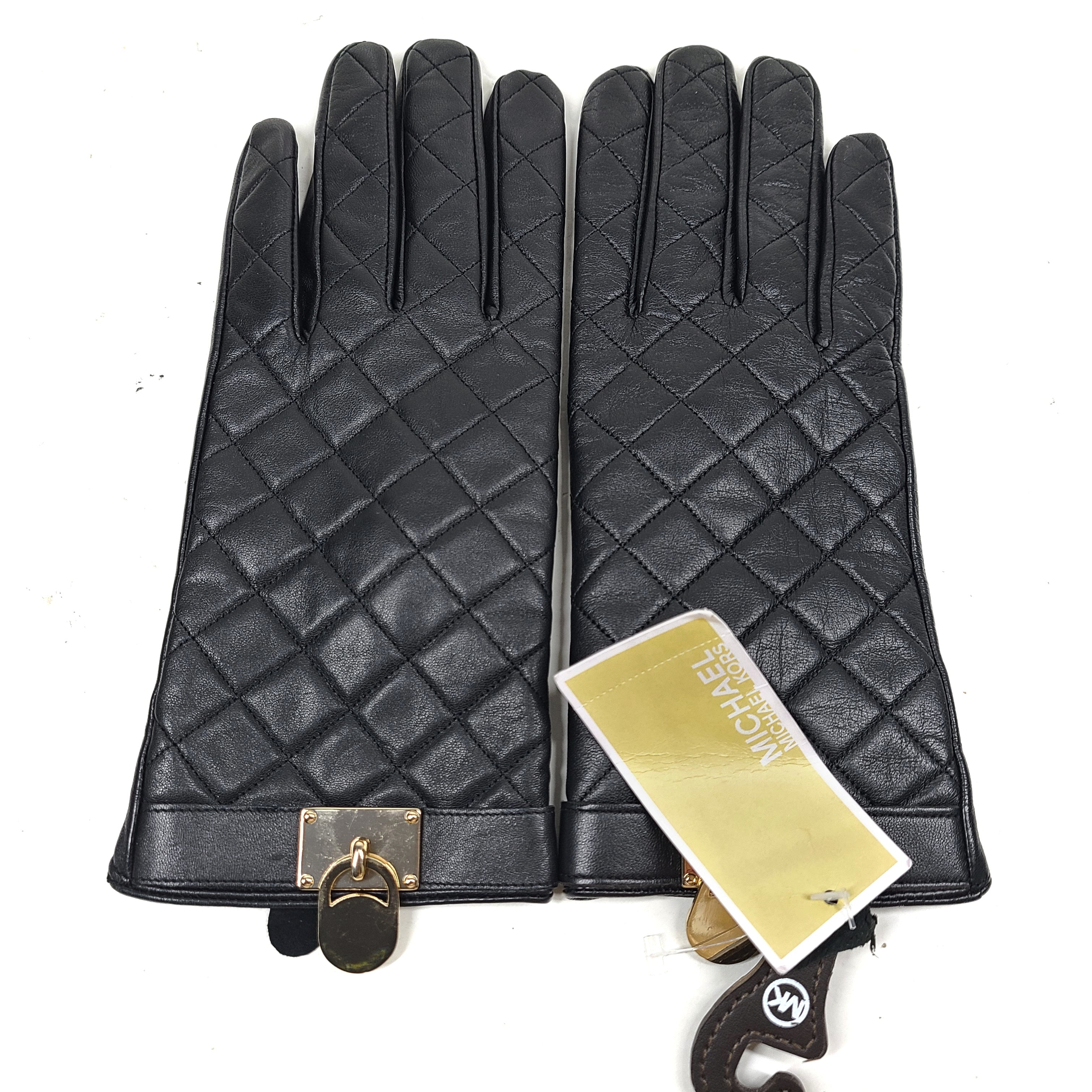 Michael Kors quilted leather gloves in black with XL sizing and refined gold-accent detail.