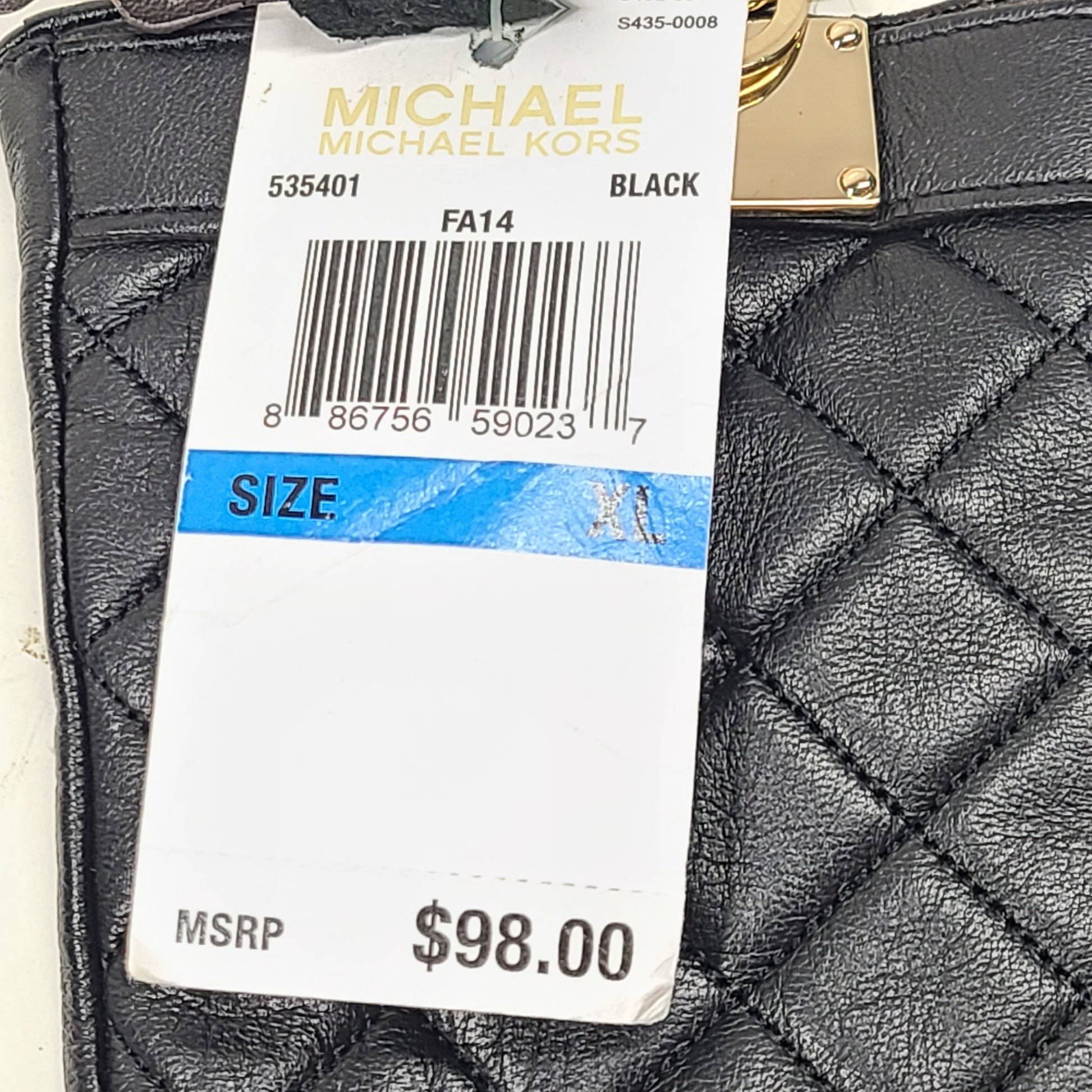 Michael Kors quilted leather gloves in black with XL sizing and refined gold-accent detail.