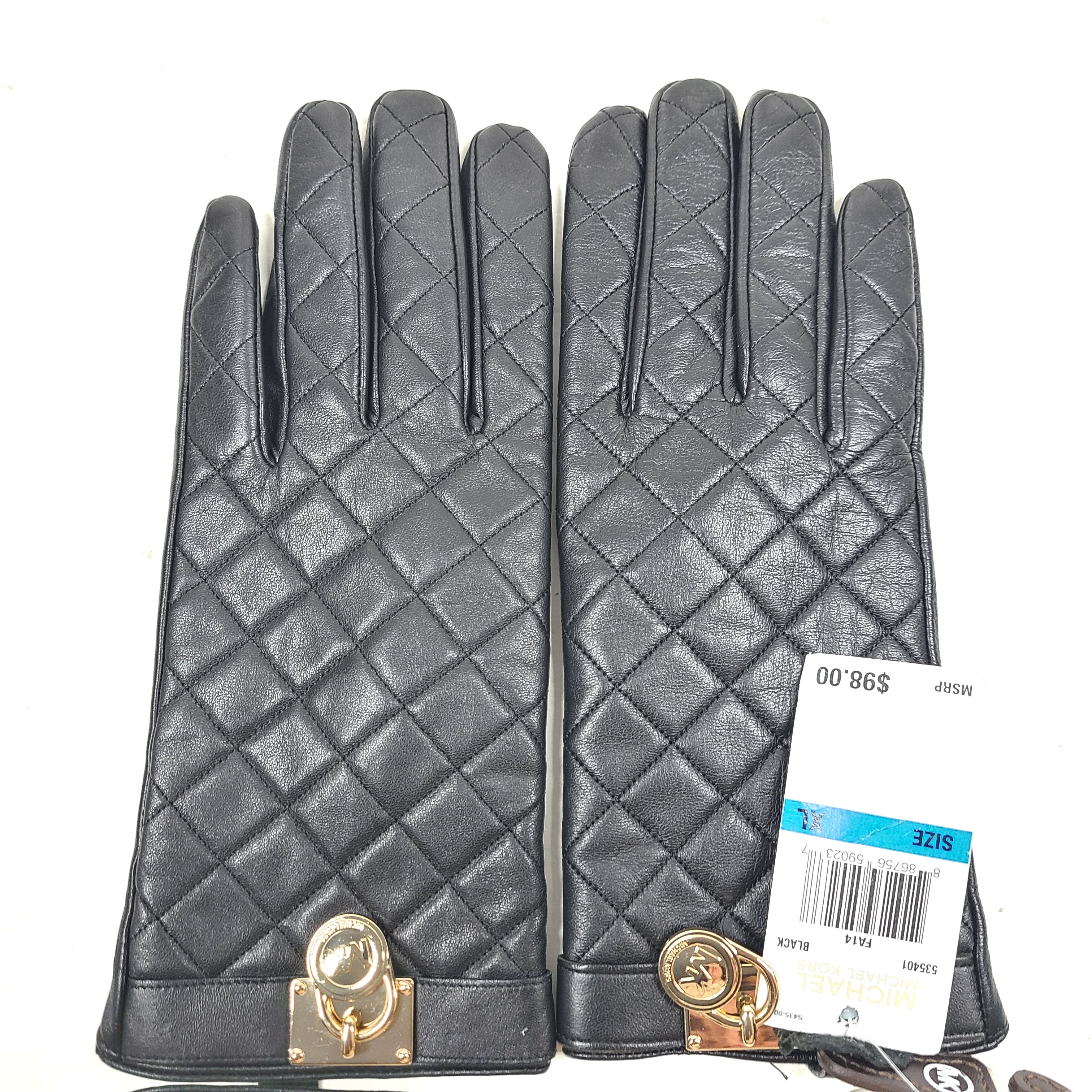 Michael Kors quilted leather gloves in black with XL sizing and refined gold-accent detail.