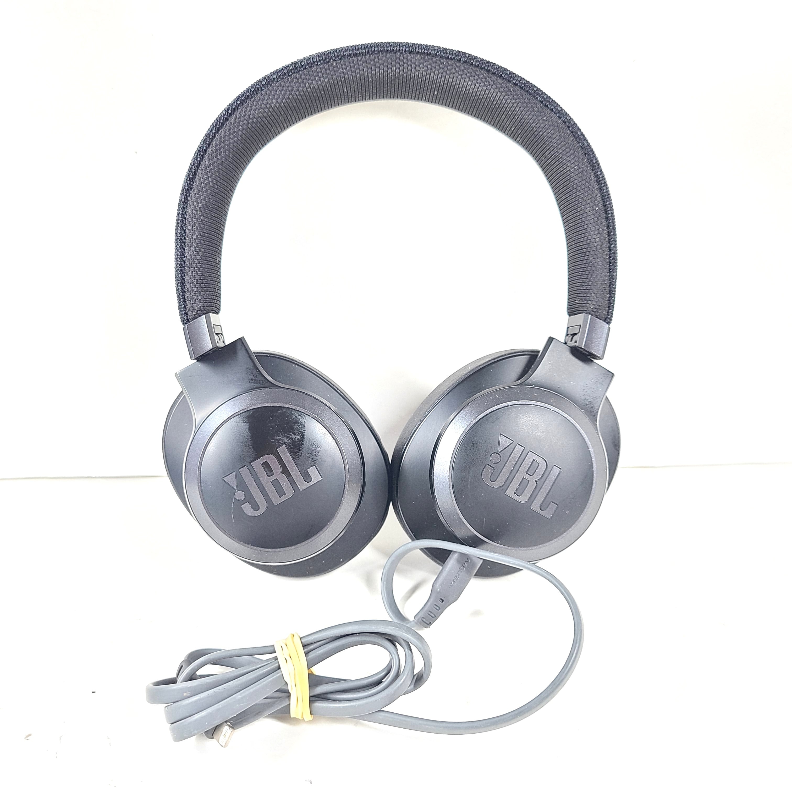 Black JBL Live noise-cancelling over-ear headphones with ANC label and integrated volume controls.