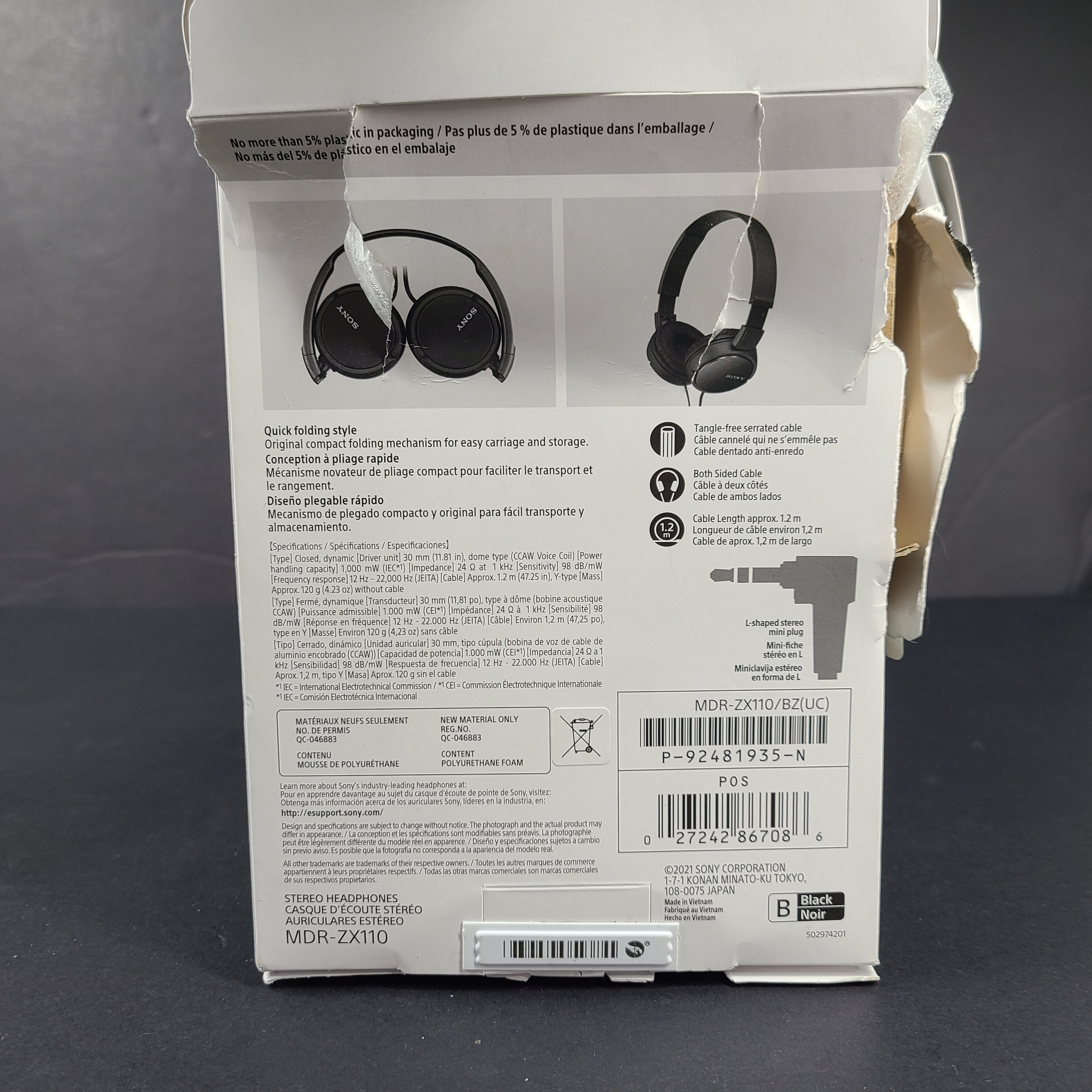 Compact folding black on-ear headphones with 30mm drivers and a serrated tangle-free cable.