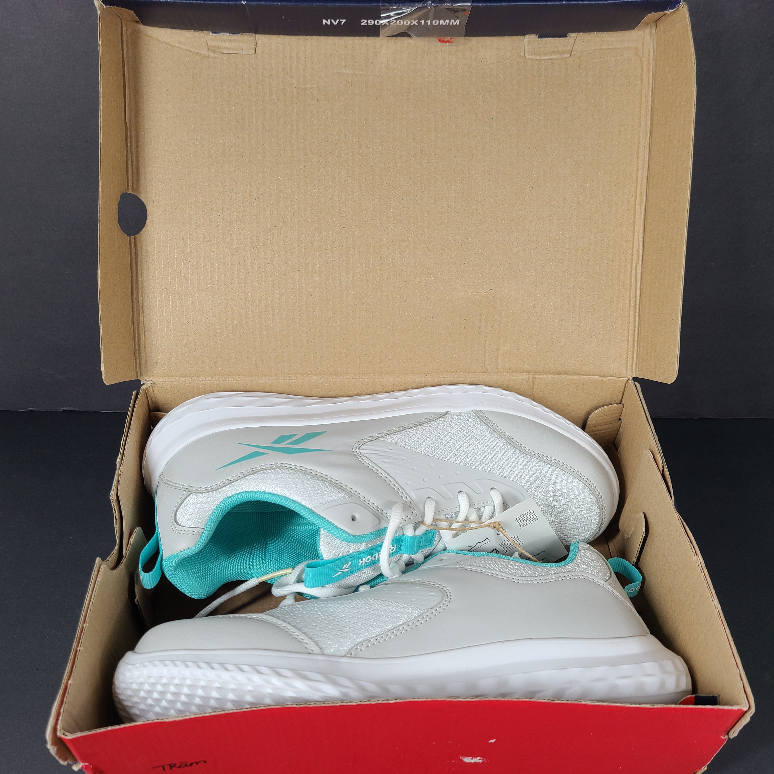 New Reebok Rush Runner 4.0 in white and teal, two pairs in US sizes 5.5 and 7.