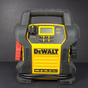 DeWalt DXAEJ14 portable jump starter and air compressor in black and yellow with heavy-duty clamps and USB power.