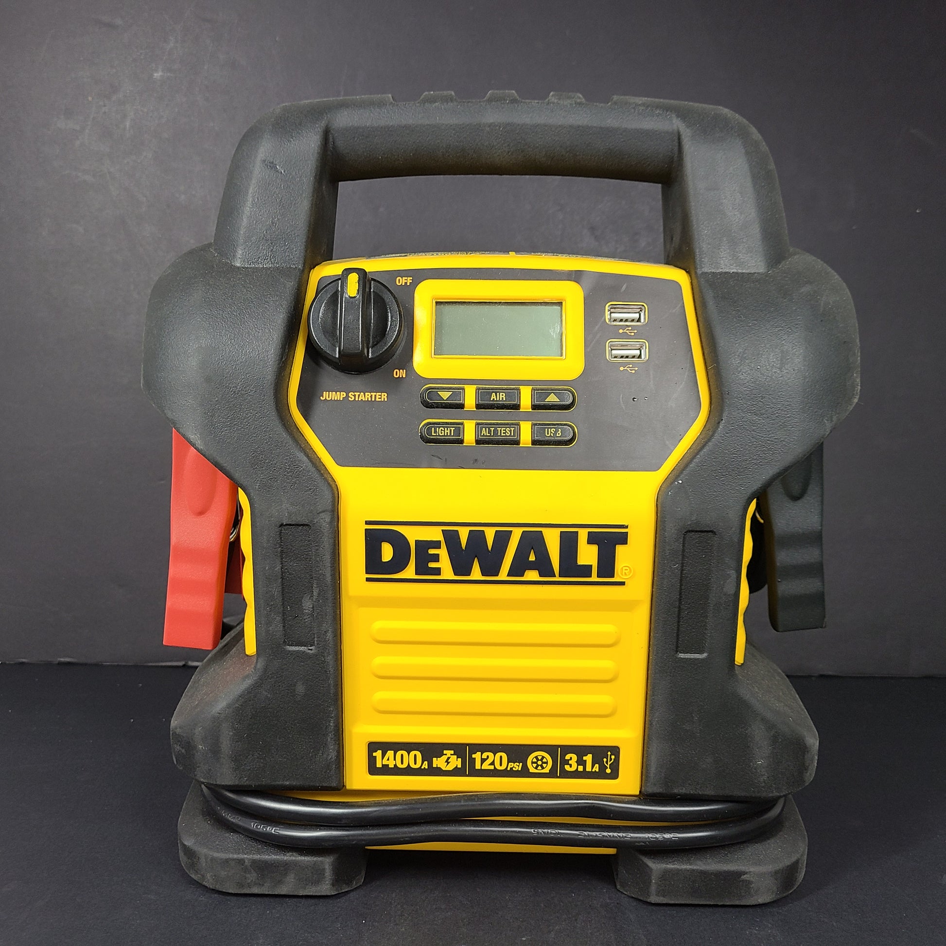 DeWalt DXAEJ14 portable jump starter and air compressor in black and yellow with heavy-duty clamps and USB power.