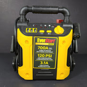 Yellow and black EverStart Maxx jump starter with built-in jumper cables and an integrated air compressor for portable vehicle power and inflation.
