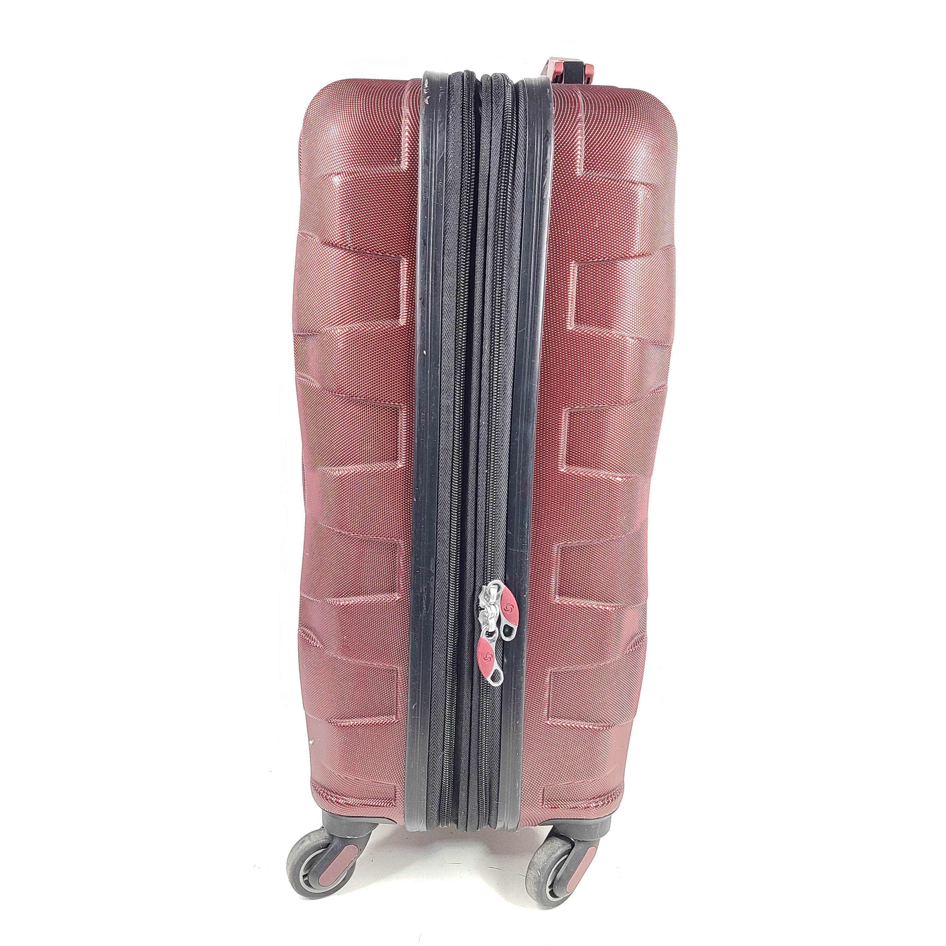 Red Samsonite spinner suitcase Model 7494 featuring a polyethylene vinyl acetate shell for travel durability.