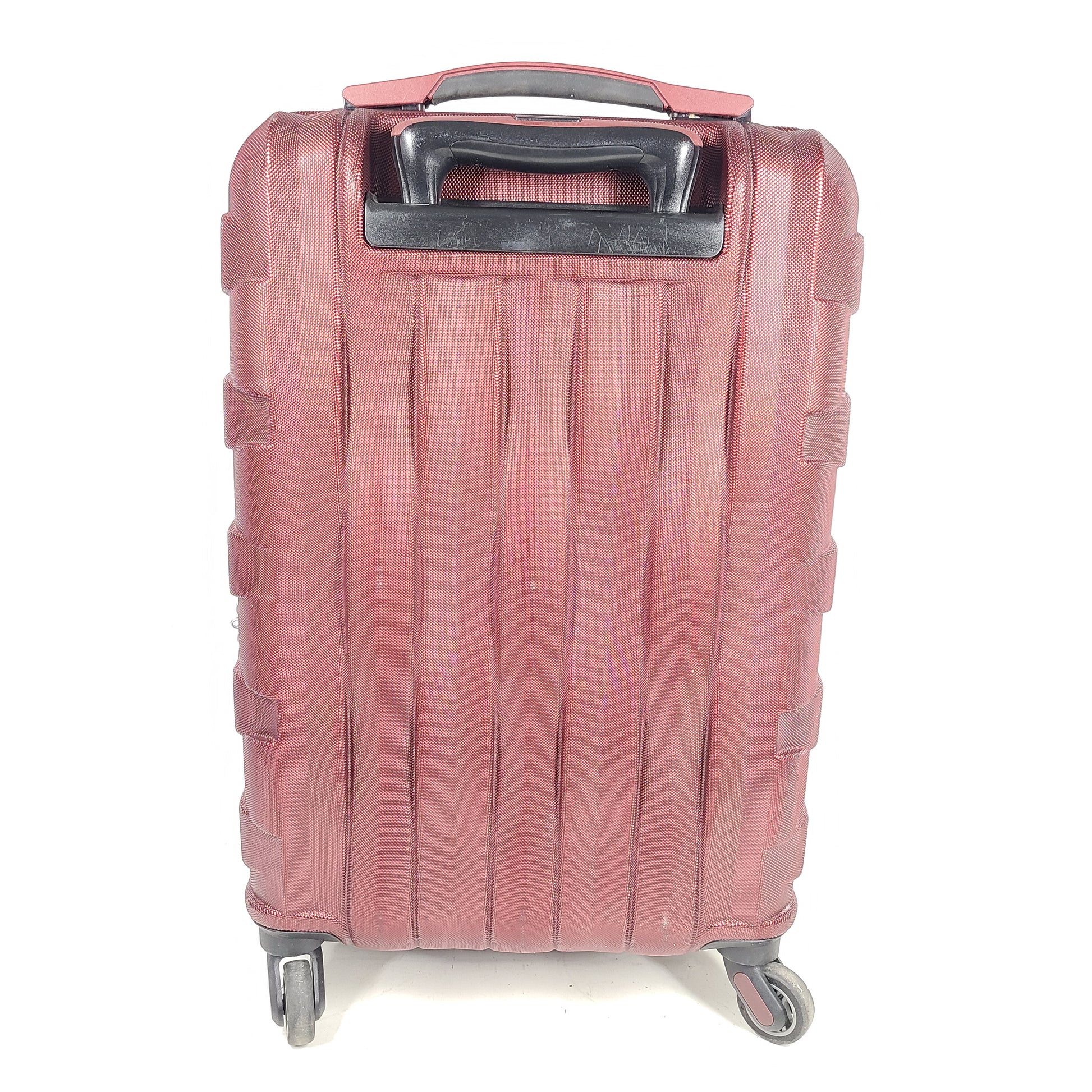 Red Samsonite spinner suitcase Model 7494 featuring a polyethylene vinyl acetate shell for travel durability.