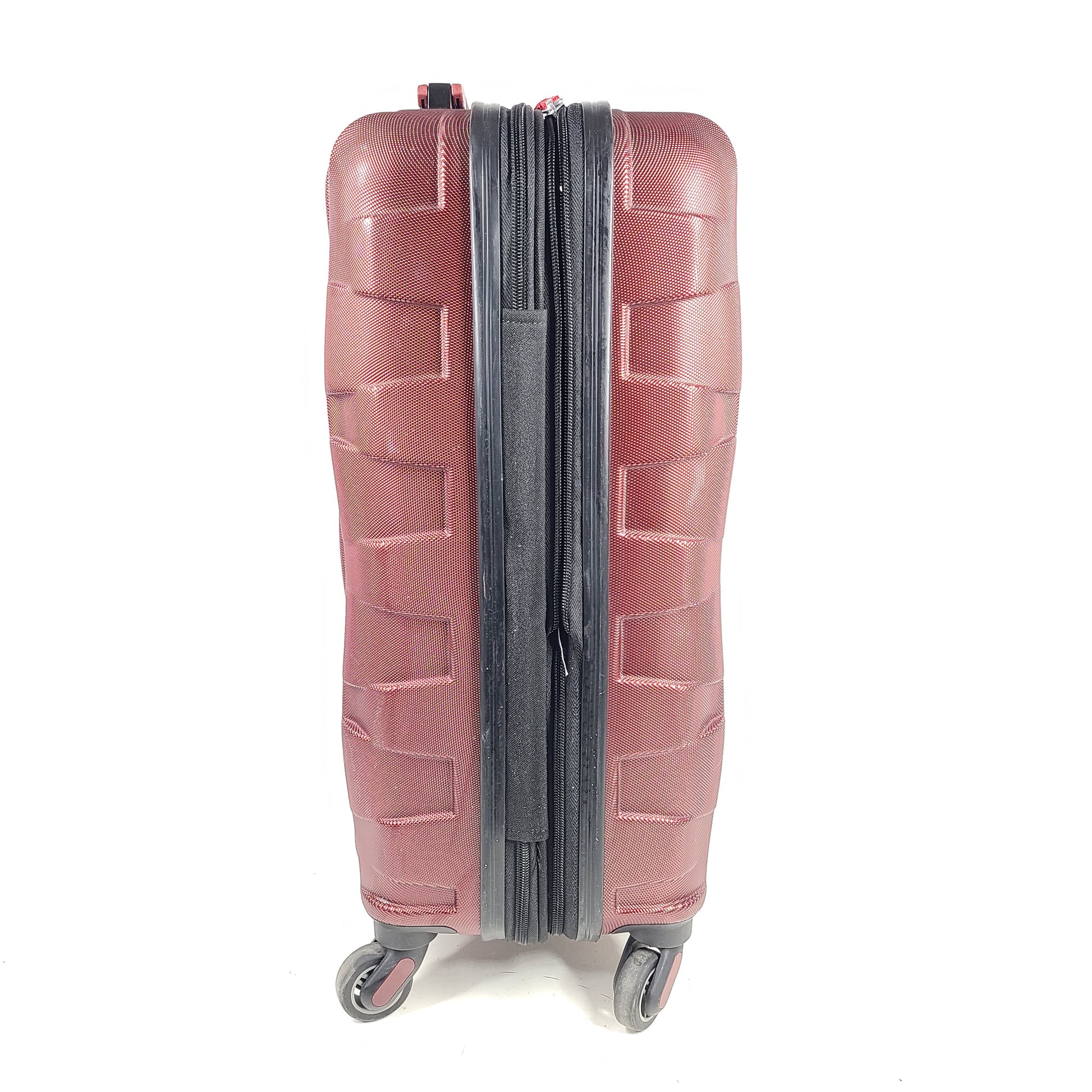 Red Samsonite spinner suitcase Model 7494 featuring a polyethylene vinyl acetate shell for travel durability.