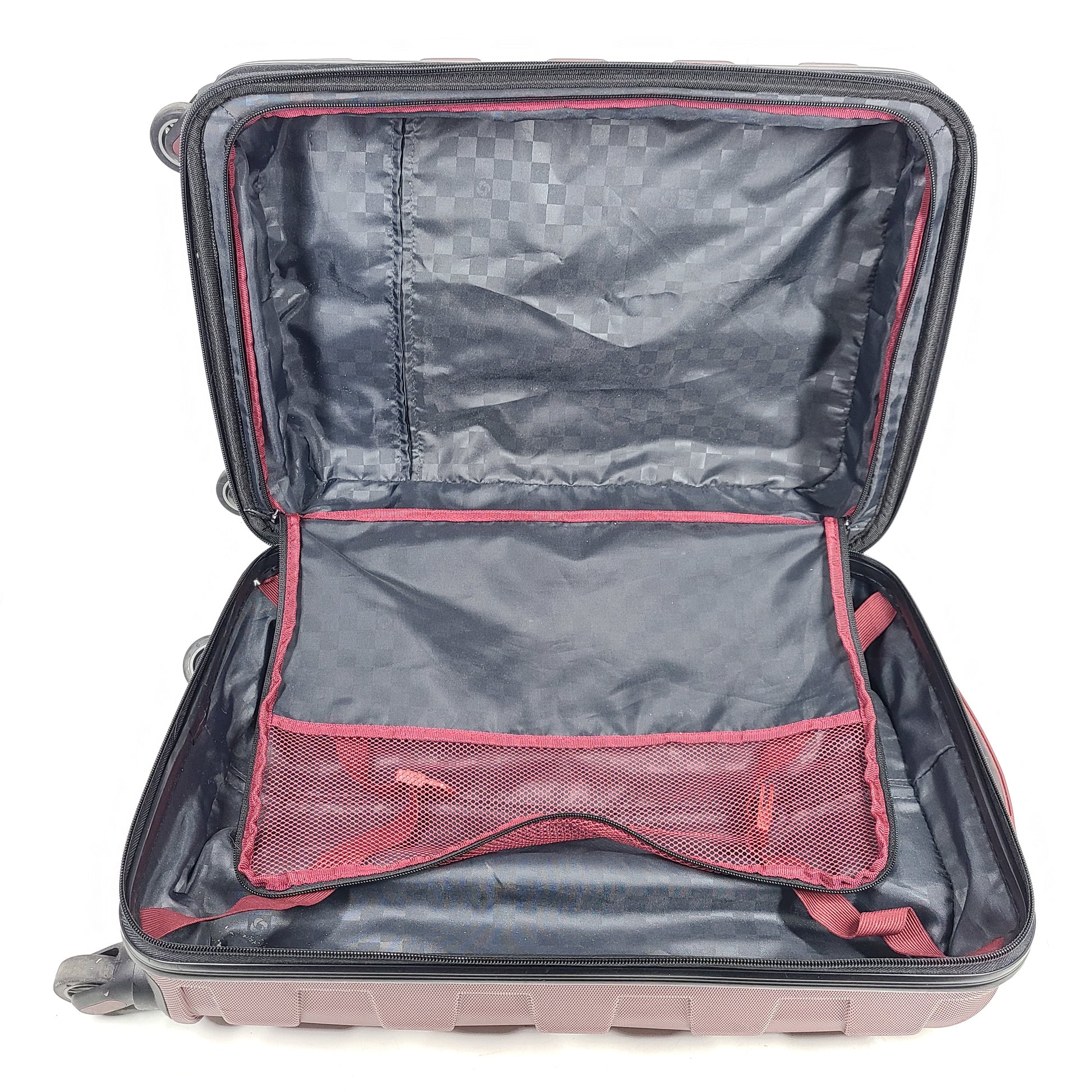 Red Samsonite spinner suitcase Model 7494 featuring a polyethylene vinyl acetate shell for travel durability.