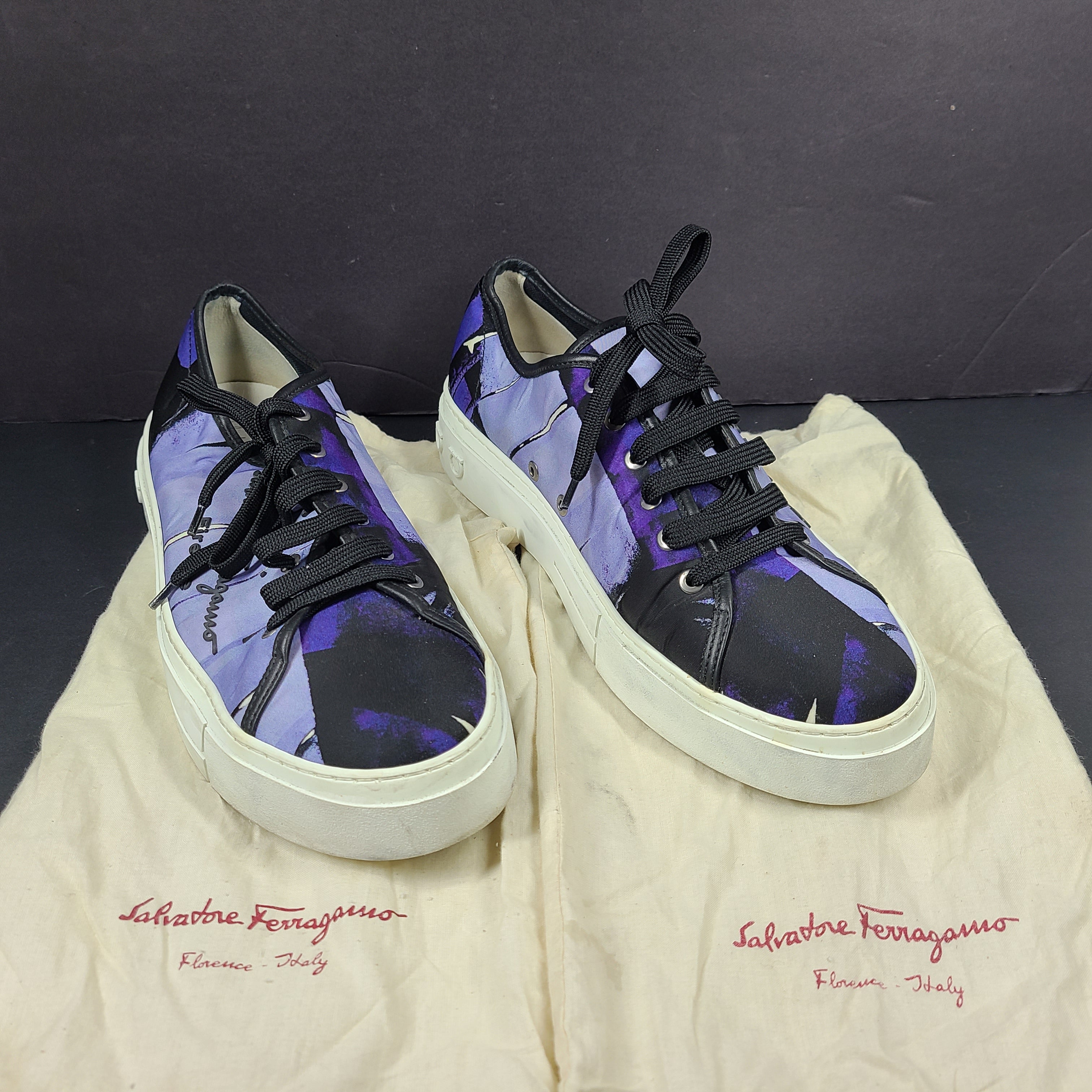 Salvatore Ferragamo multicolor men's sneakers in purple, black, and white with "Salvatore Ferragamo Firenze 1927" text on the side.