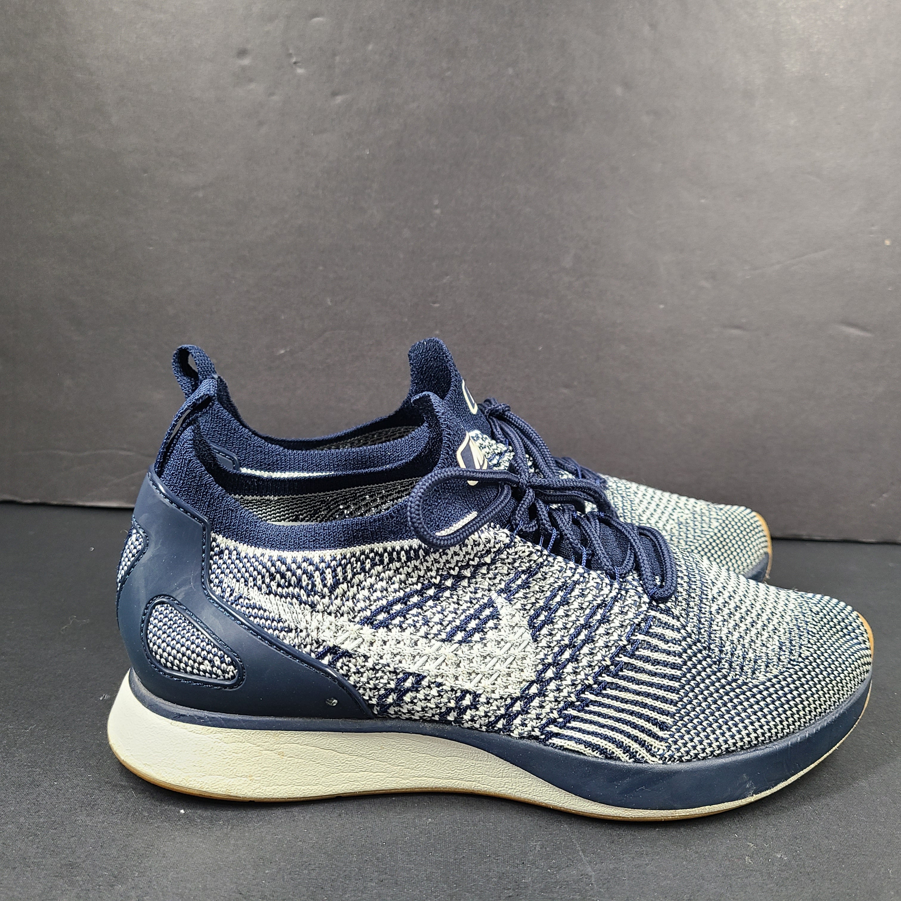 Nike Air Sock Racer Flyknit sneaker in blue and white, US size 8, made in Vietnam.