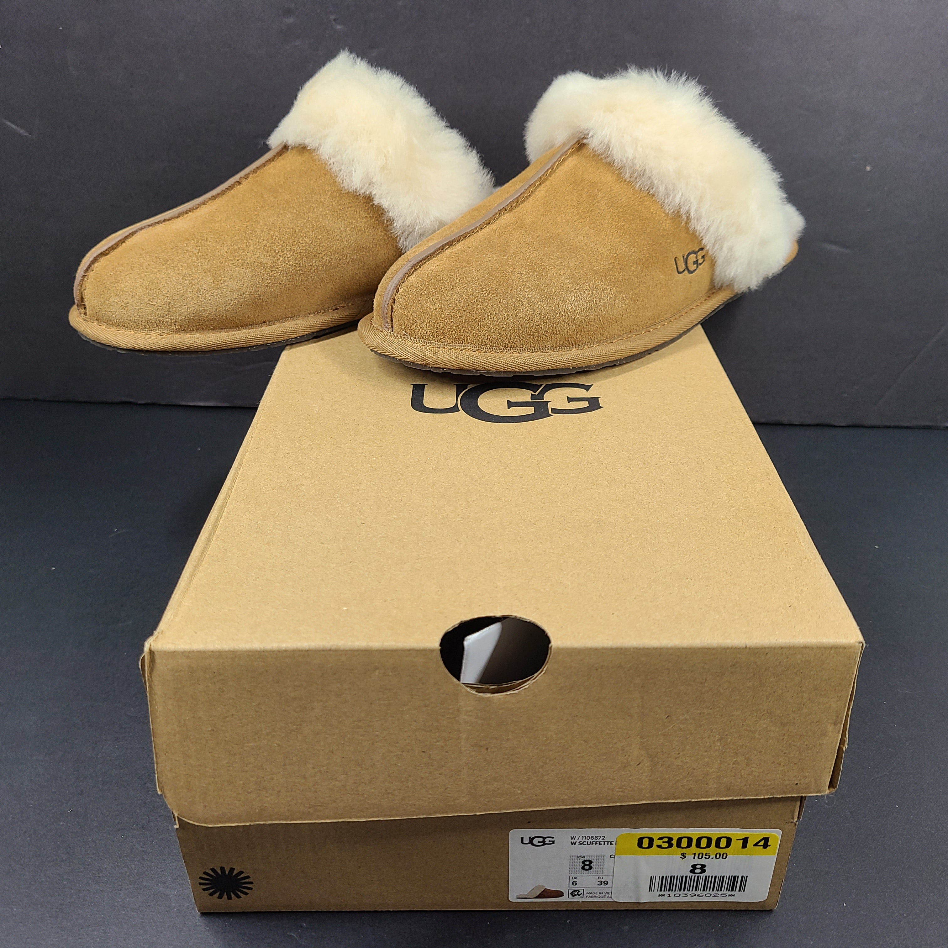 UGG Scuffette II chestnut suede slipper with cream shearling lining in women's US size 8.
