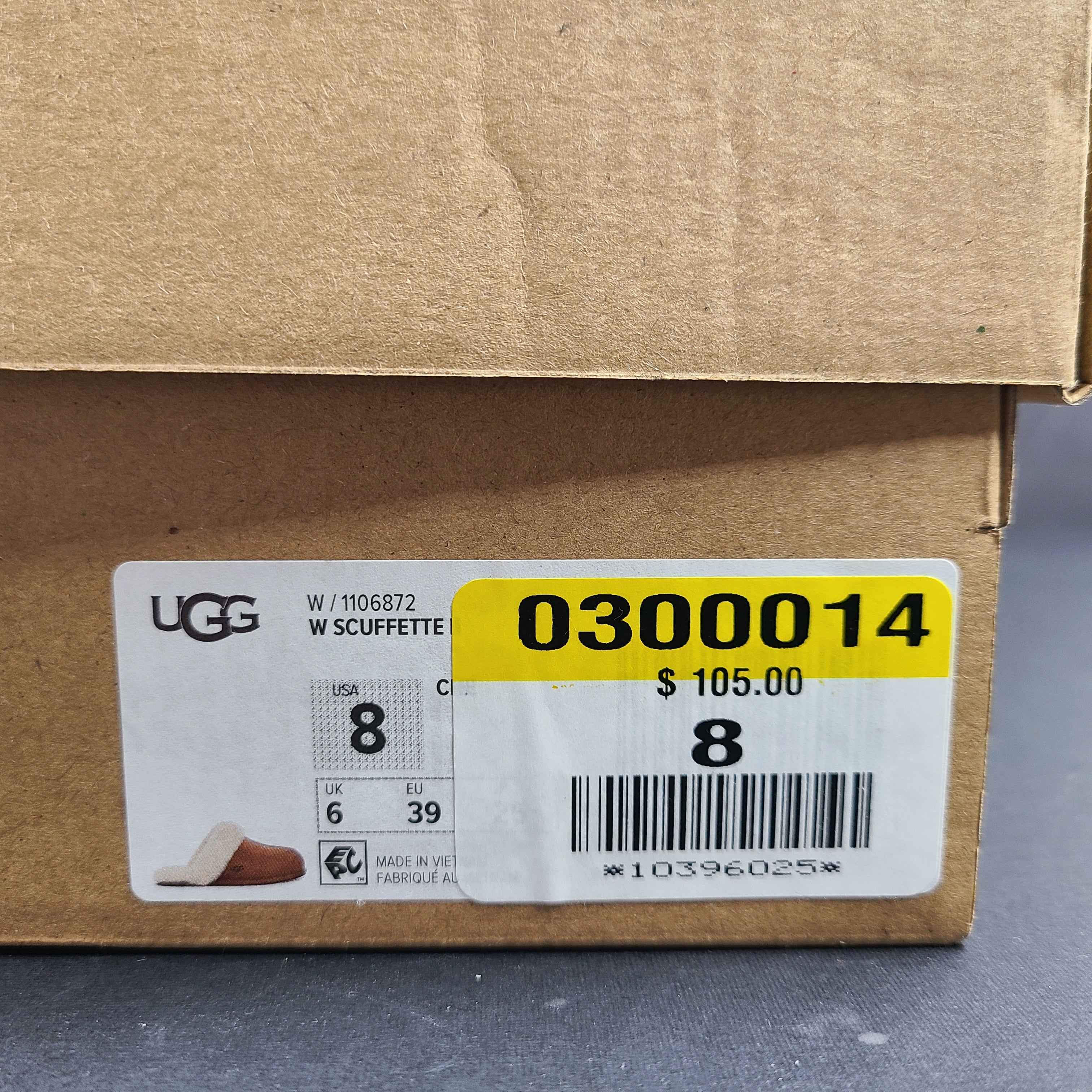 UGG Scuffette II chestnut suede slipper with cream shearling lining in women's US size 8.