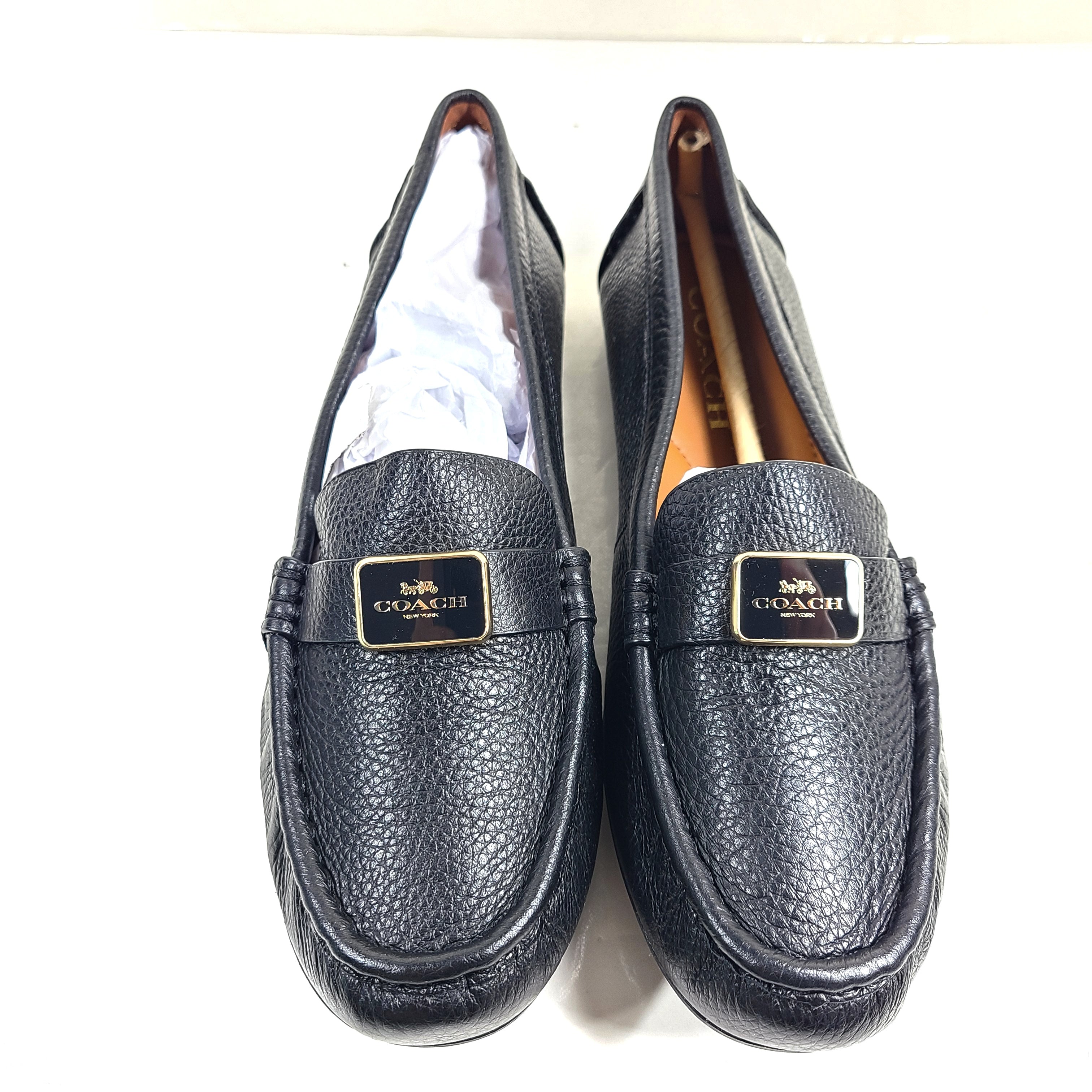 Black leather Mona Driver loafers in women's size 8B with a low-profile rubber outsole.