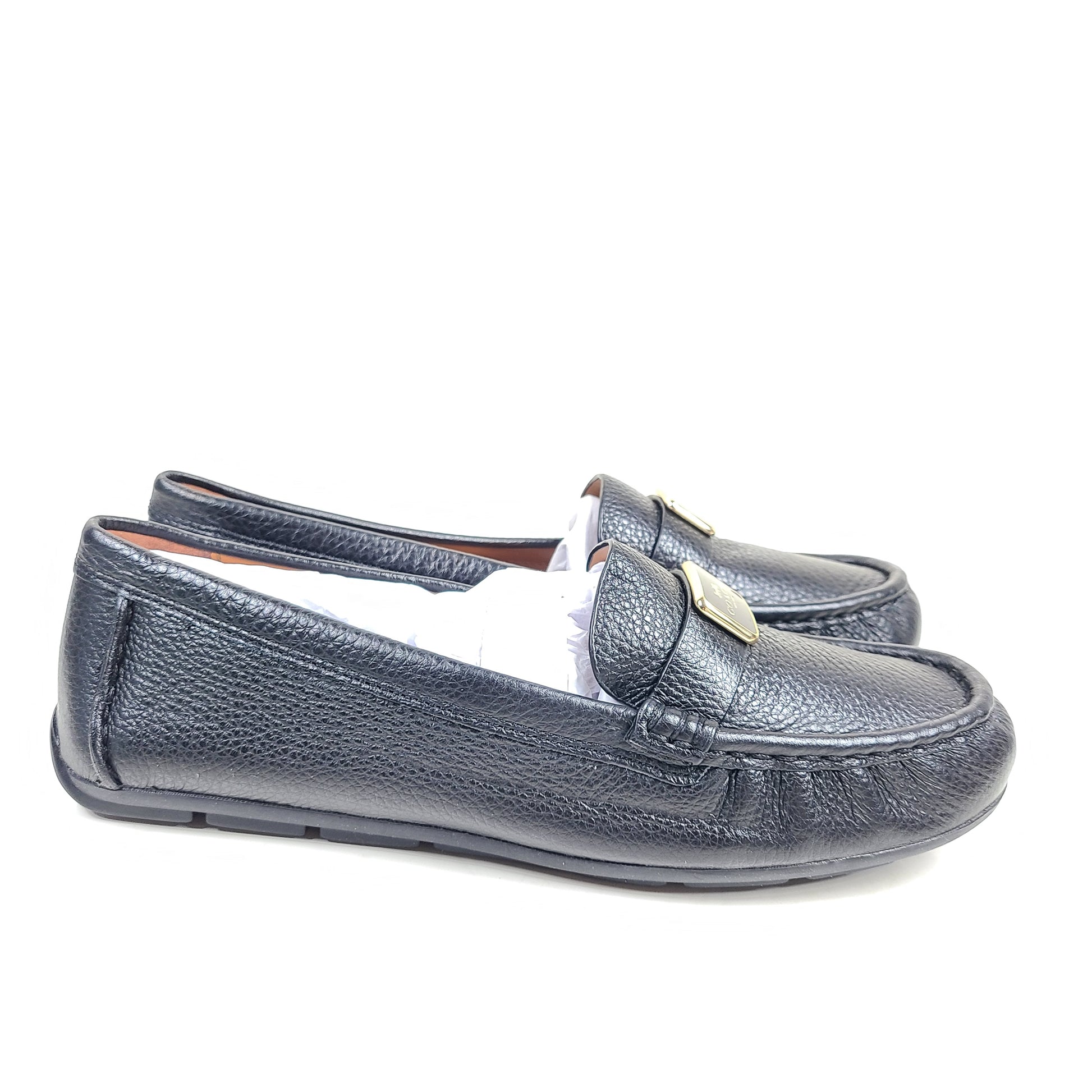 Black leather Mona Driver loafers in women's size 8B with a low-profile rubber outsole.