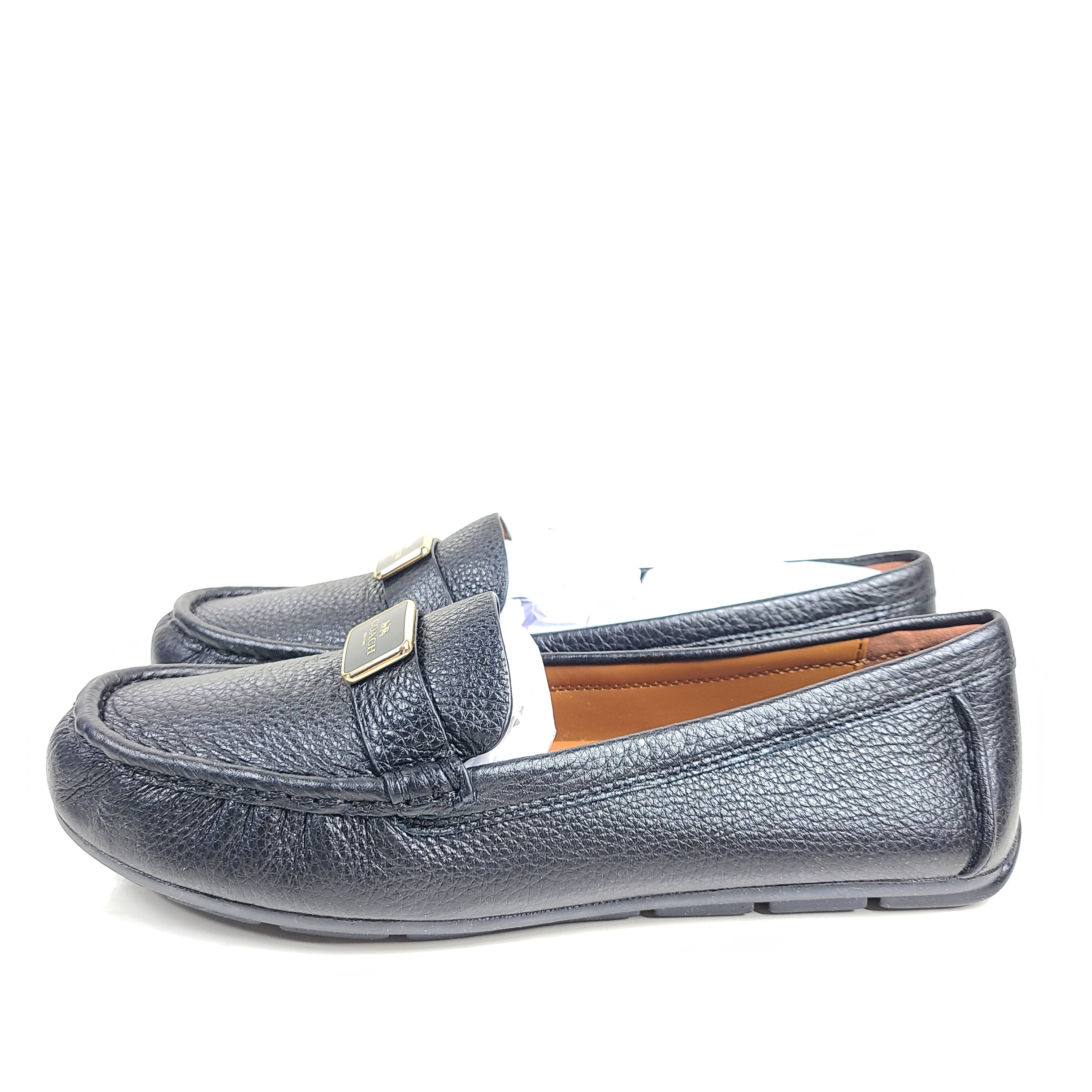 Black leather Mona Driver loafers in women's size 8B with a low-profile rubber outsole.