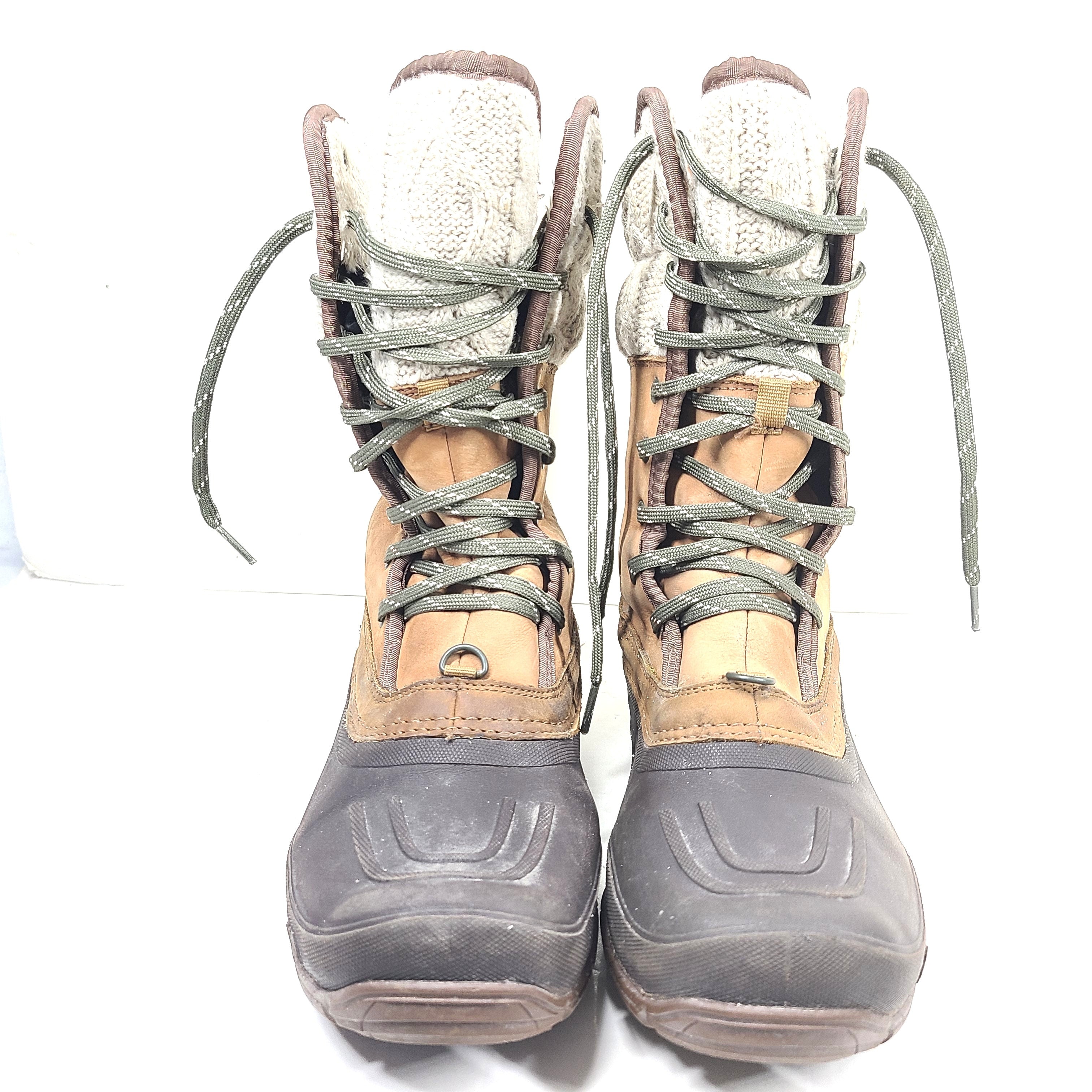 Sturdy brown and gray women's boots with faux fur lining and durable soles for outdoor use.