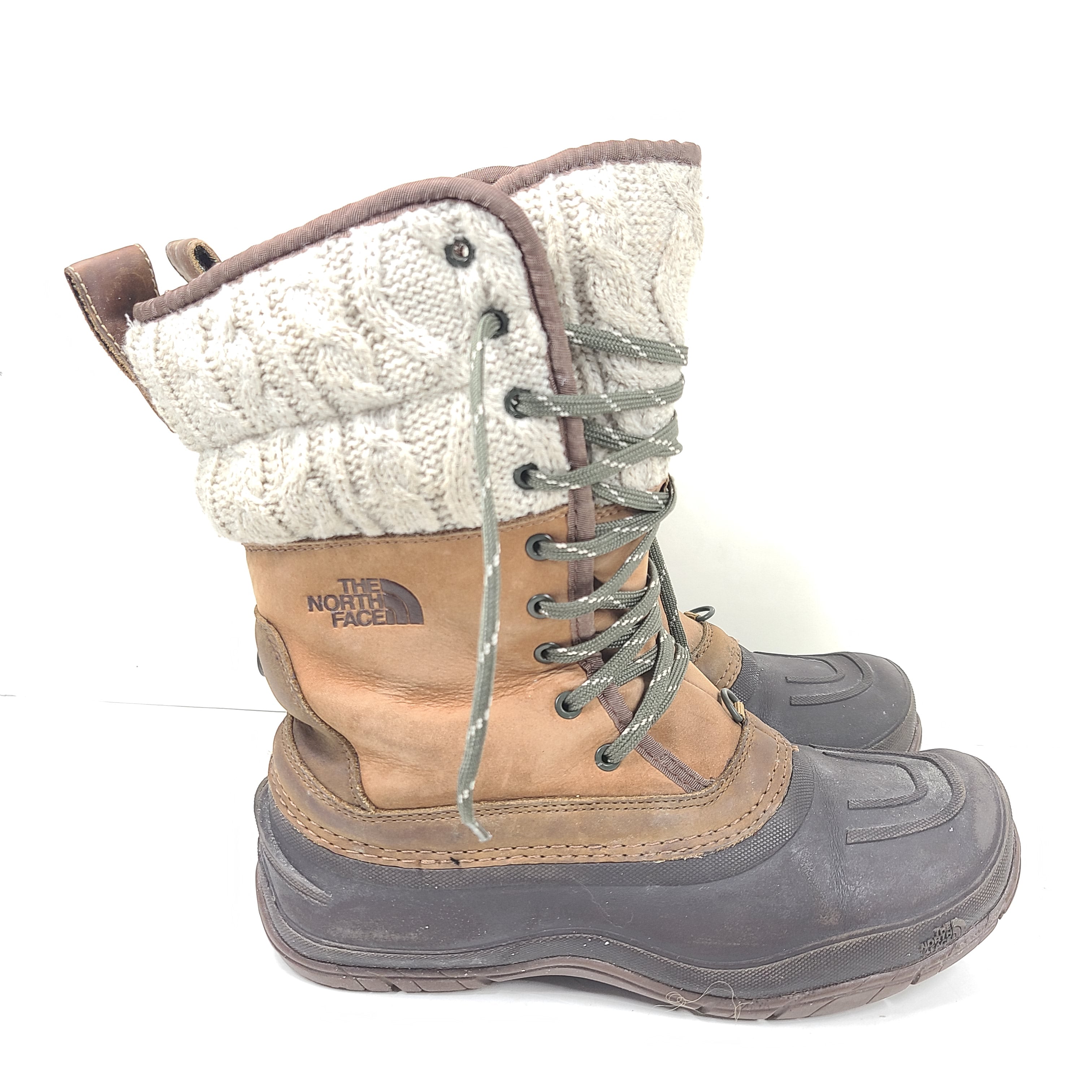 Sturdy brown and gray women's boots with faux fur lining and durable soles for outdoor use.