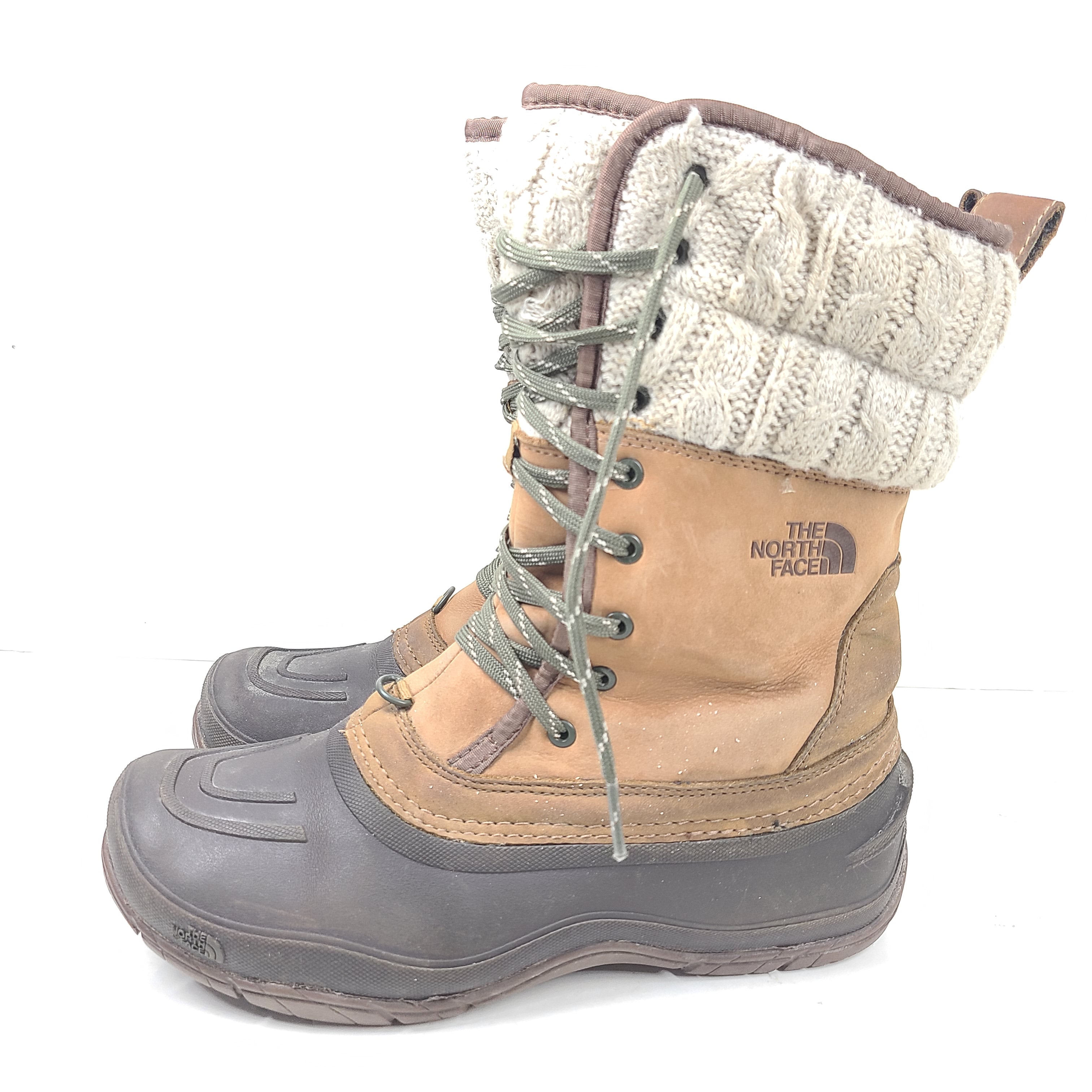 Sturdy brown and gray women's boots with faux fur lining and durable soles for outdoor use.