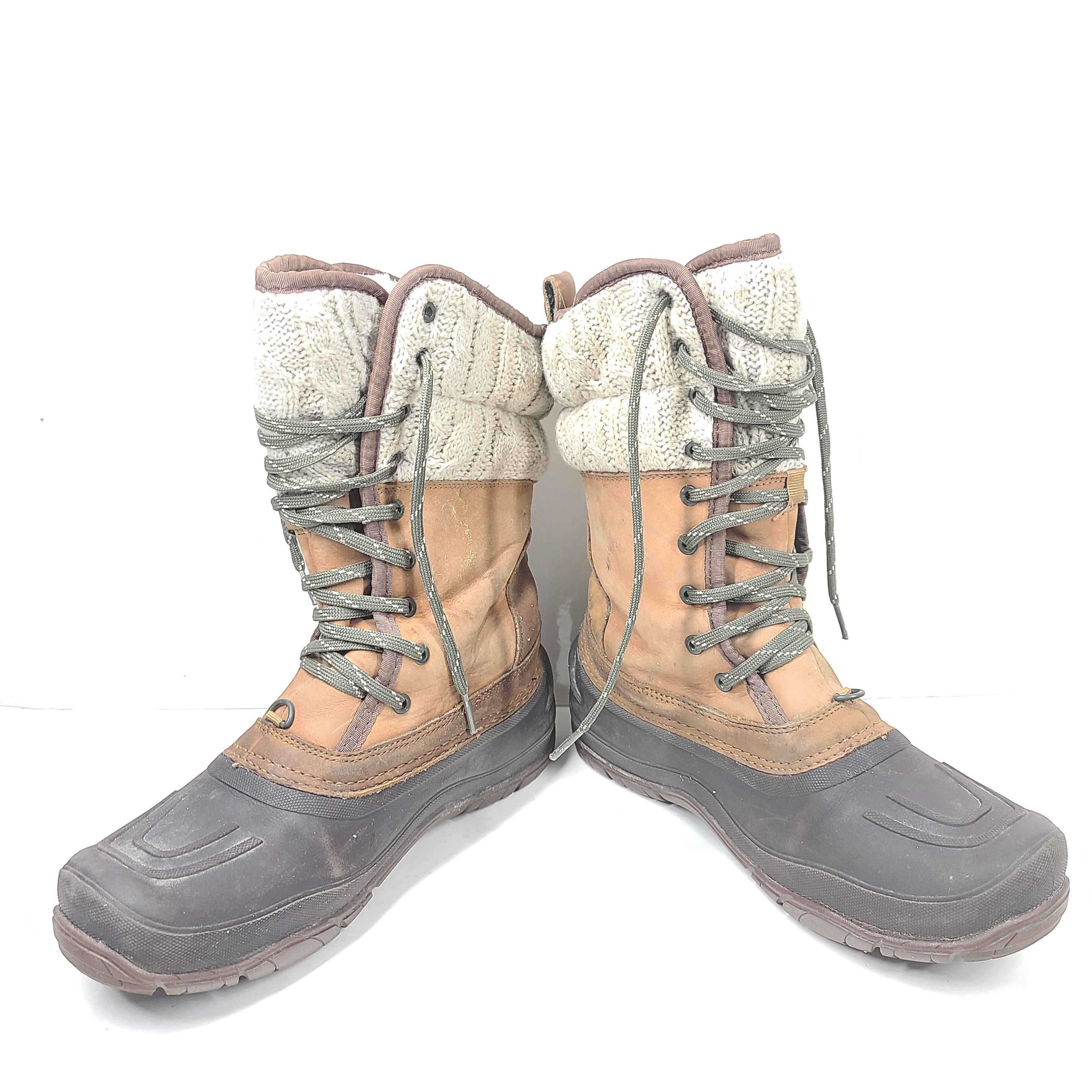Sturdy brown and gray women's boots with faux fur lining and durable soles for outdoor use.