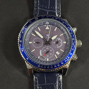 Seiko Prospex solar chronograph with blue dial and stainless steel case and bracelet.