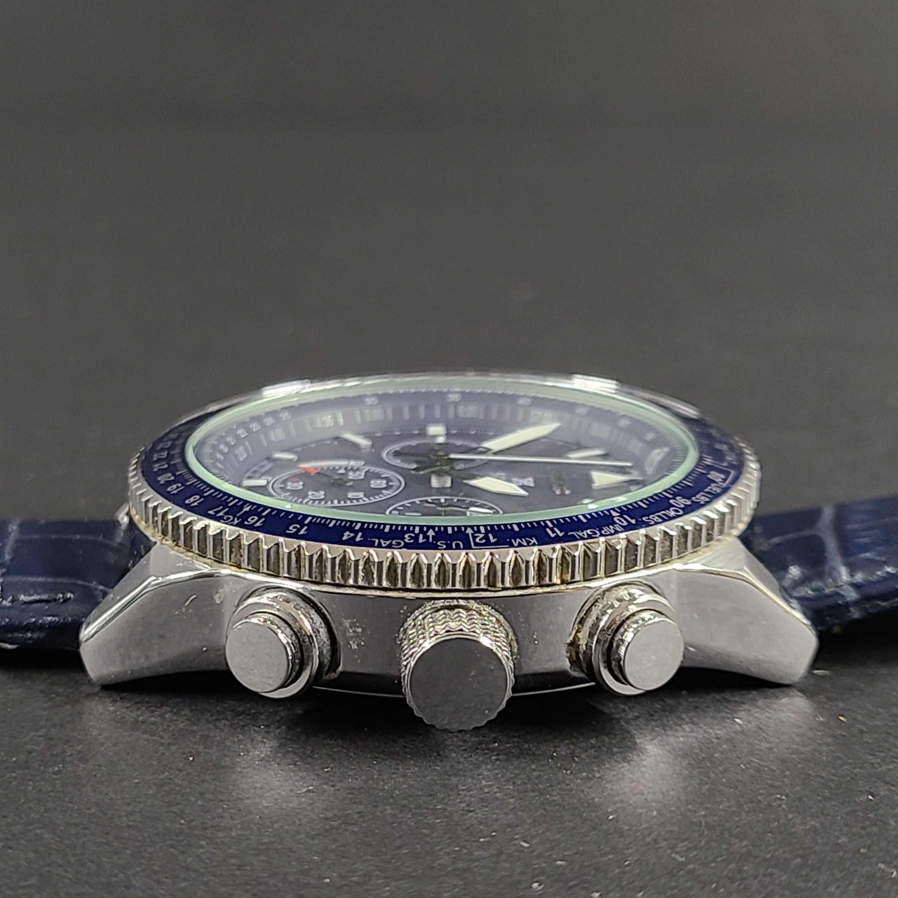 Seiko Prospex solar chronograph with blue dial and stainless steel case and bracelet.