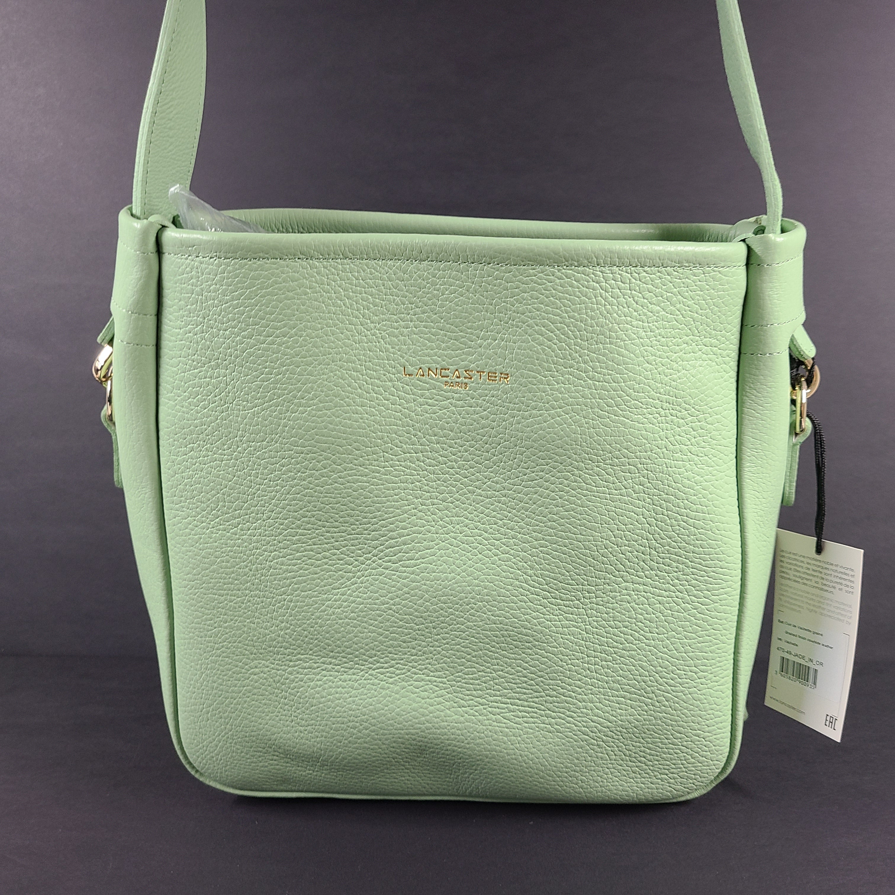 Lancaster Paris grained leather handbag in jade with Vachette interior and French construction.